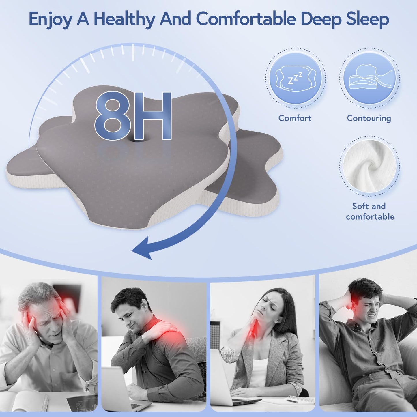 Rioicy Sleep Apnea Pillow for Side Sleepers, Cervical Neck Pillow for Neck Pain Relief, Ergonomic Contour Memory Foam Pillow with Cooling Washable Cover for Back, Side & Stomach Sleepers