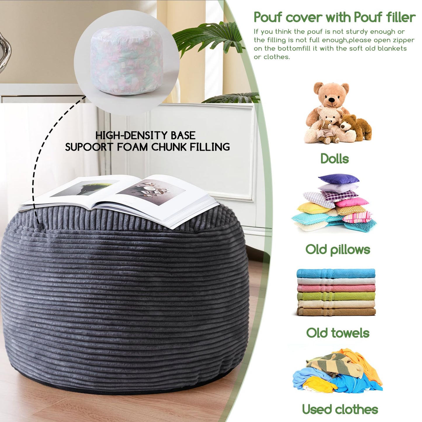HIGOGOGO Round Stuffed Pouf Ottoman, Corduroy Poufs with Foam Chunk Filling, Furry and Fluffy Pouf Foot Stool Storage Ottoman, 26 X 18 Floor Poufs Foot Rest for Living Room, Dark Grey