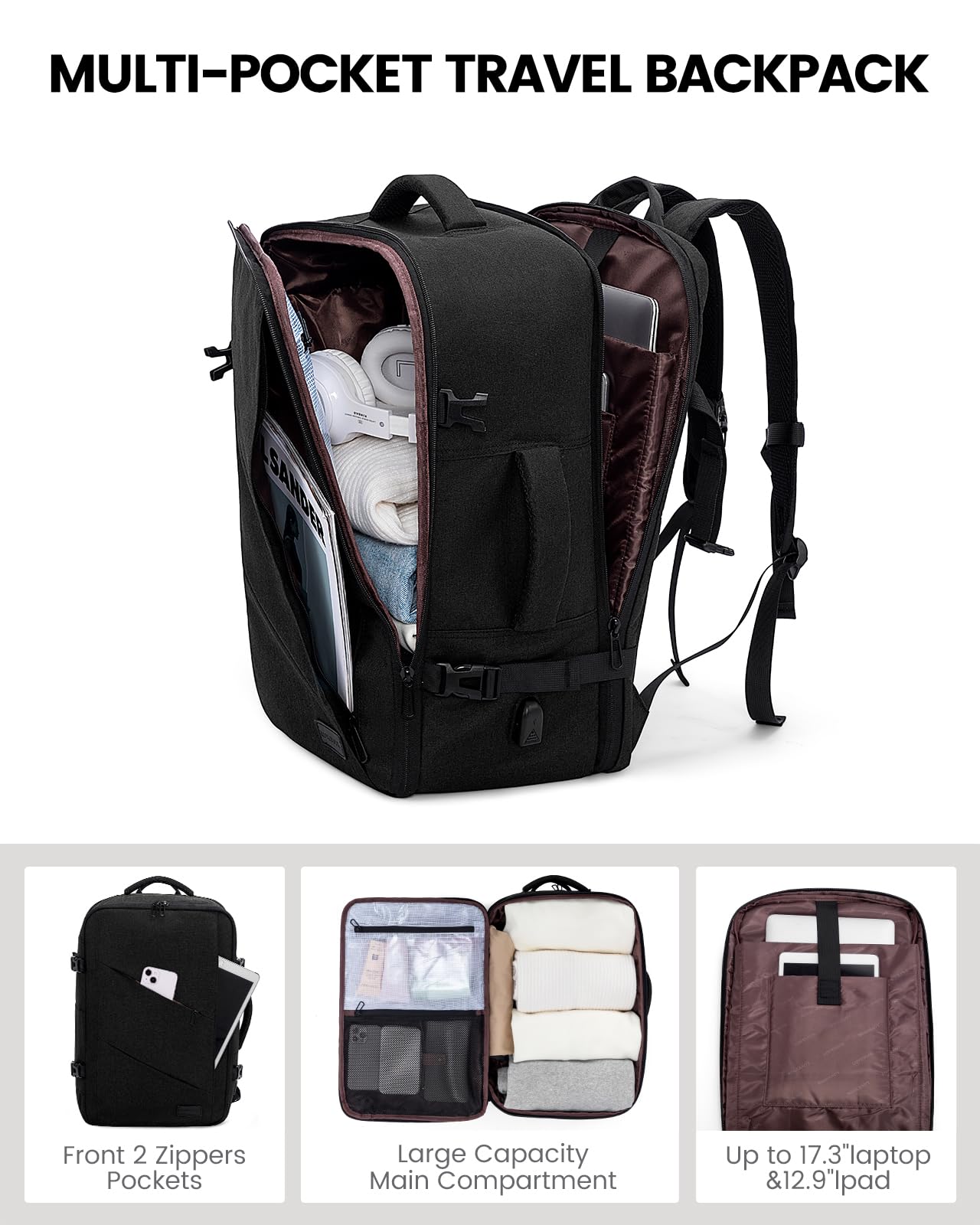 LOVEVOOK Travel Carry on Backpack, Large 40L Personal Item Travel Bag for Men & Women Flight Approved with 3 Packing Cubes, Suitcase Water Resistant Luggage Daypack Business Weekender Bag, Black