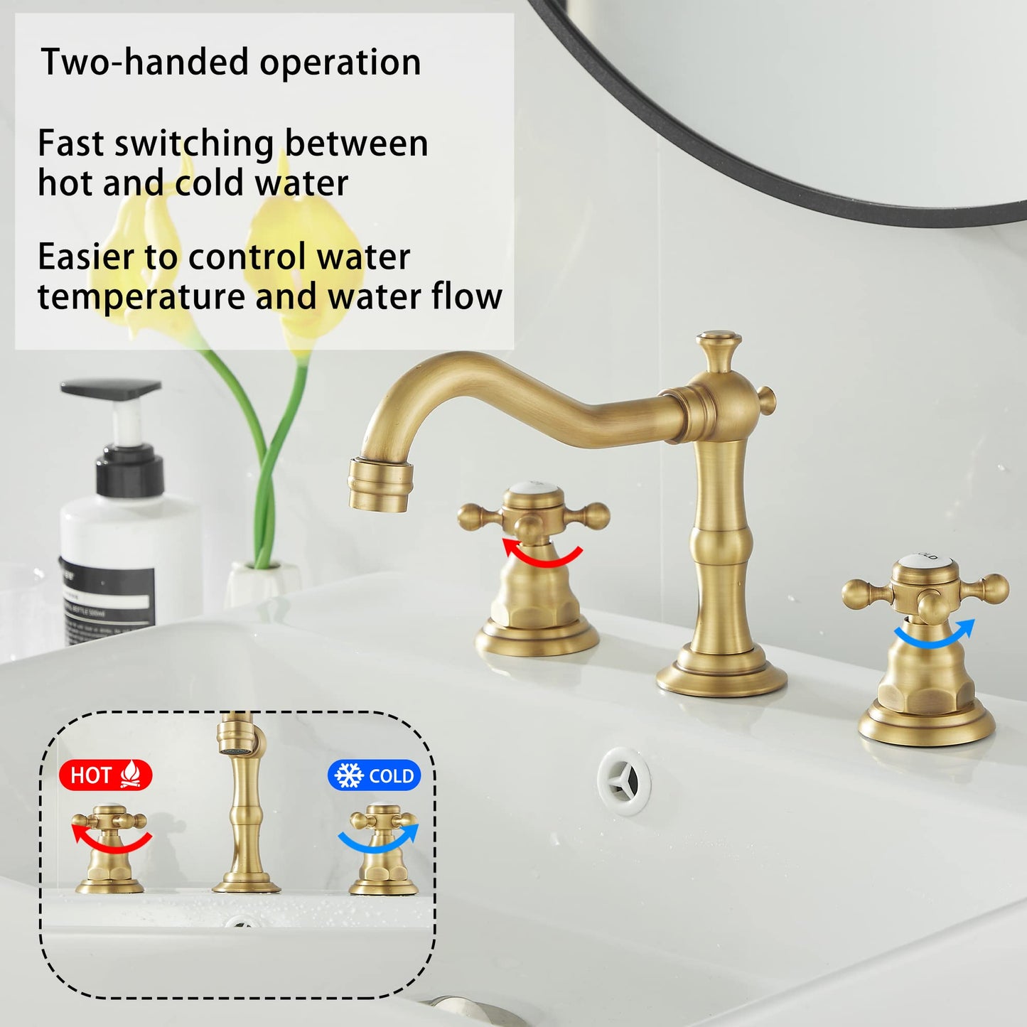 GGStudy 2 Handles 3 Holes Faucet Widespread Bathroom Sink Faucet Antique Brass Basin Tap Mixer Supply Hose Included Matching Metal Pop Up Drain