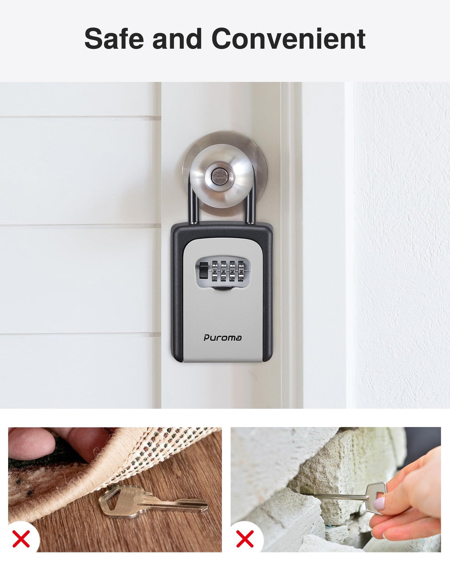 Puroma Lock Box, Large Key Lock Box Resettable Combination Code Lockbox, Portable Wall Mount Lockbox Waterproof Security Safe Box for Outside Outdoor Home Office Door Handle House Key, Gray (4 Pack)