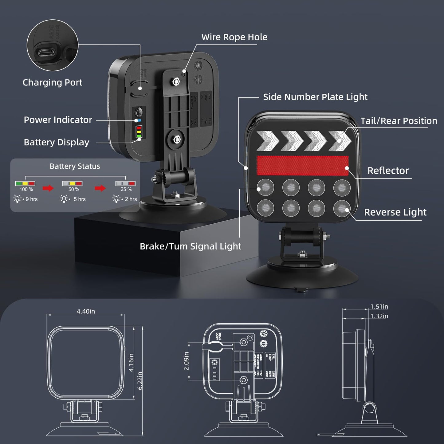 Wireless Trailer Lights Magnetic, Rechargeable LED Tail Lights with 2.4GHz Wireless Signal, Adjustable Magnetic Tow Light for Trucks, Boats, RVs, Campers, IP67 Waterproof Trailer Light Kit