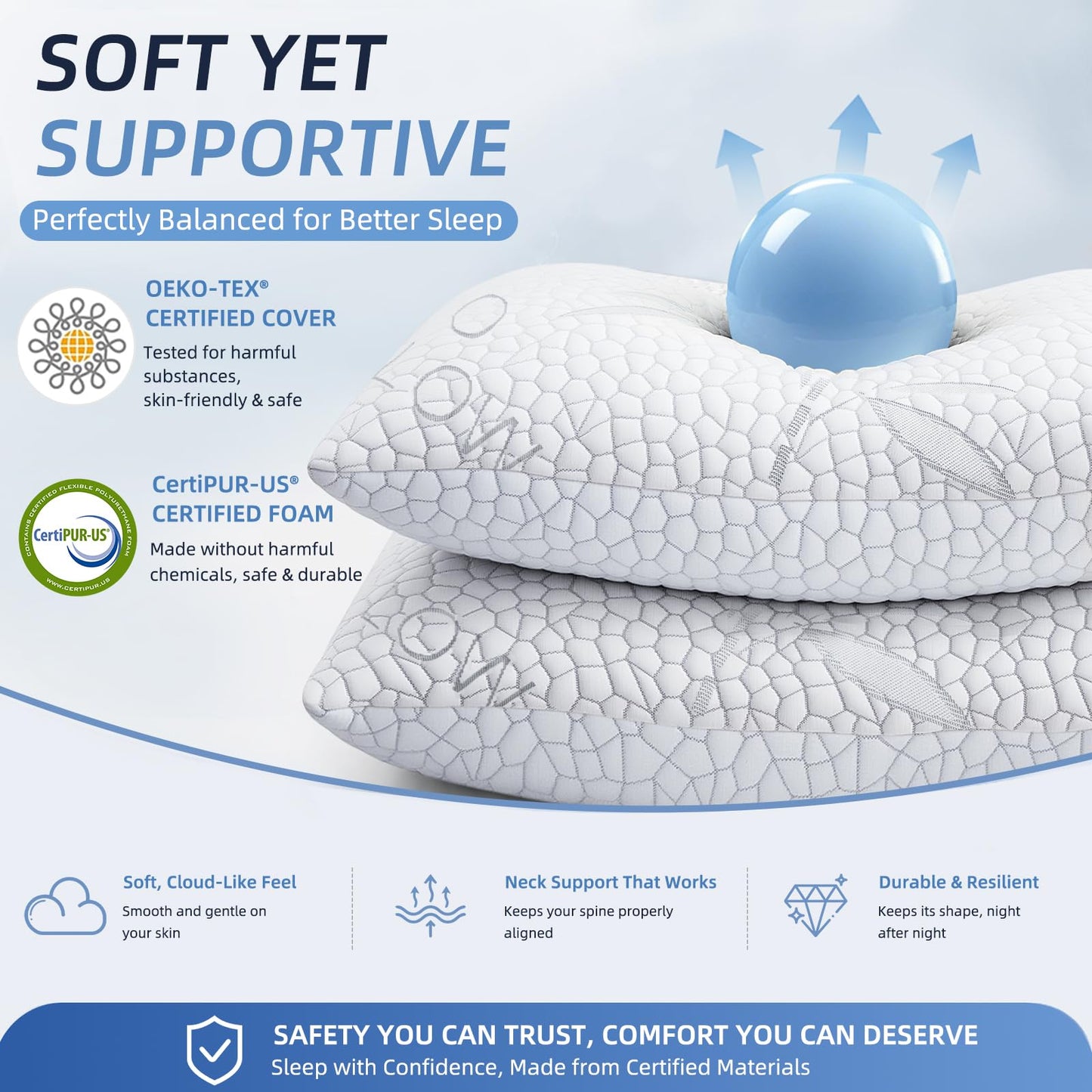 Yettbea Shredded Memory Foam Cooling Pillows Queen Size Set of 2, Supportive Firm Bamboo Bed Pillows- Adjustable Loft with Zippered Cover for Hot, Side, Back, Stomach Sleeper
