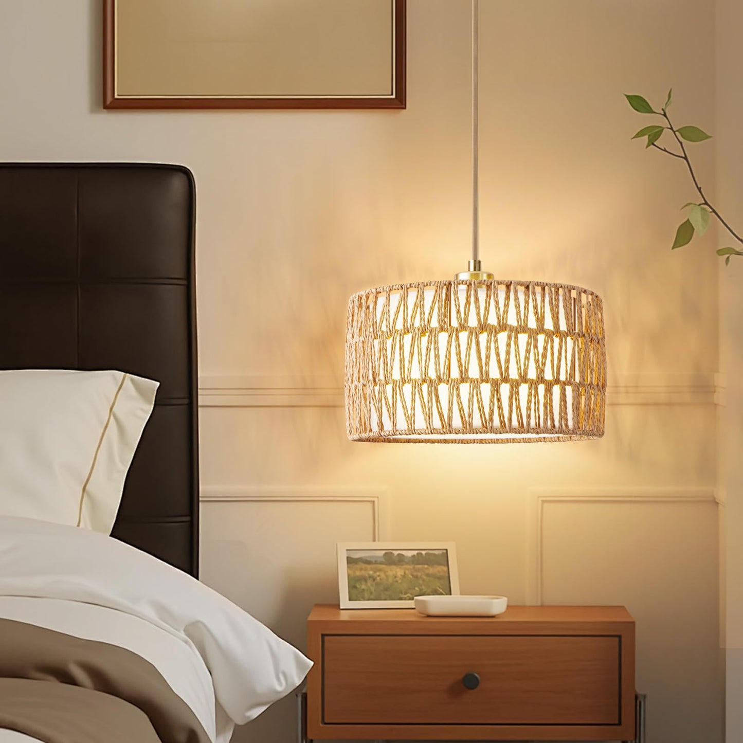 Beser·Win Plug in Pendant Light Rattan Hanging Lights with Plug in Cord, Woven & Fabric 2 in 1 LampShade, Hanging Lamp Plug in for Bedroom Living Room Kitchen Island (Bulb Included)