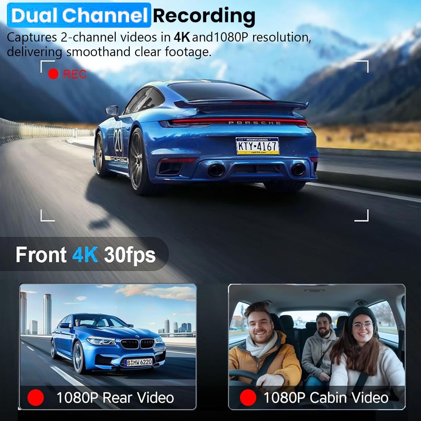 3 Channel 4K Dash Cam Front, 1080P Dash Camera Rear and Inside for Cars with 32GB Card, G-Sensor, 3.16 IPS Screen, 24Hr Parking, App Control,Loop Recording, Night Vision,Support 256GB Max