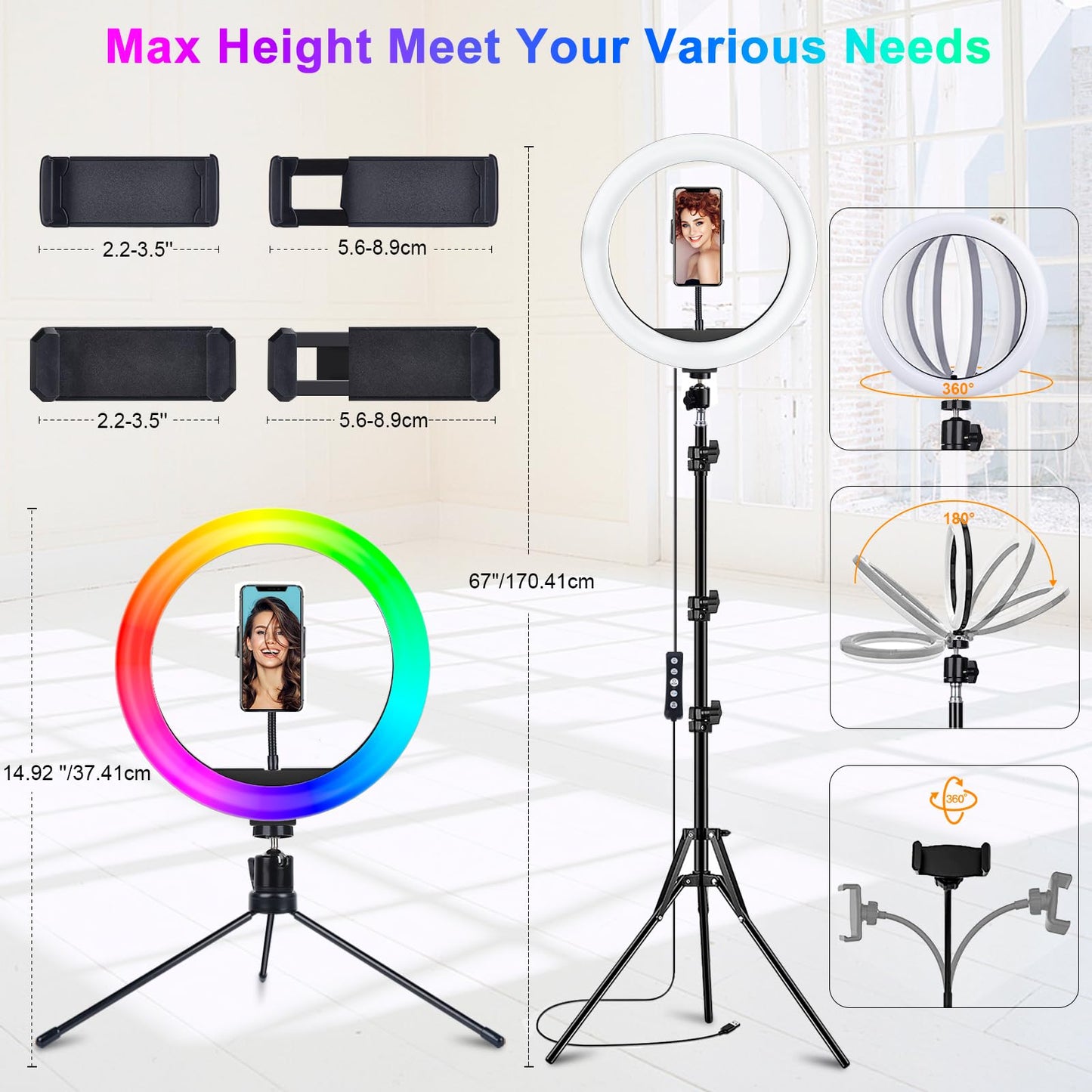 STALLY 13.3" Ring Light with Stand, Music Mode, 75" Tall with 3 Phone Holder, 3 CCT Modes & 48 RGB Color Modes, Ring Light Tripod for iPhone with Wireless Remote, Great for Photograph/Makeup/TikTok