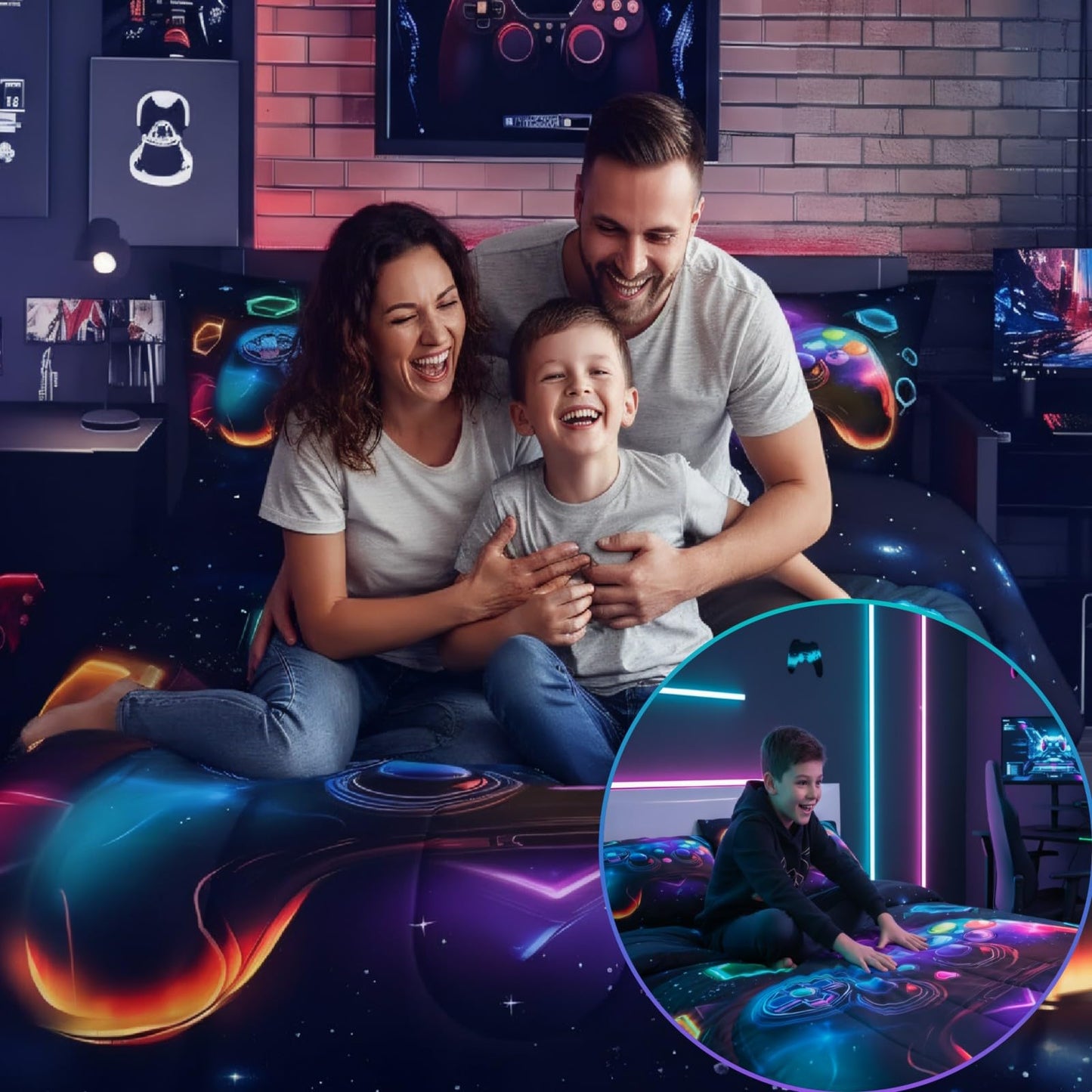Erosebridal Game Consoles Boys Comforter Sets Twin Gamer Gifts,Gamer Twin Bedding Sets for Boys Space Glow Geometric Kids Comforter Set Red Green Blue Teal,Gaming Room Decor