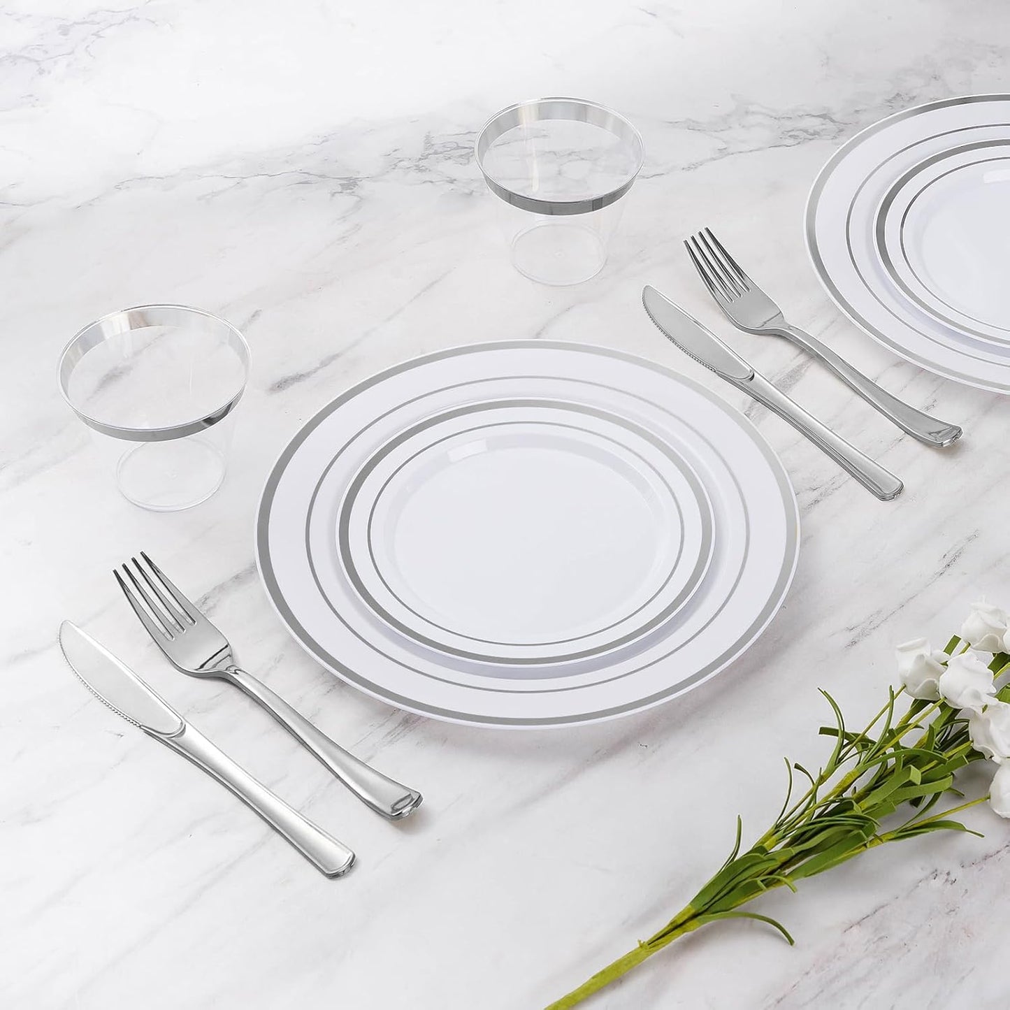 Goodluck 420Pieces silver Disposable Plates for 70 Guests, Plastic Plates for Party, Dinnerware Set of 70 Dinner and 70 Dessert Plates, 70 Spoons, 70 Forks, 70 Knives, 70 Cups