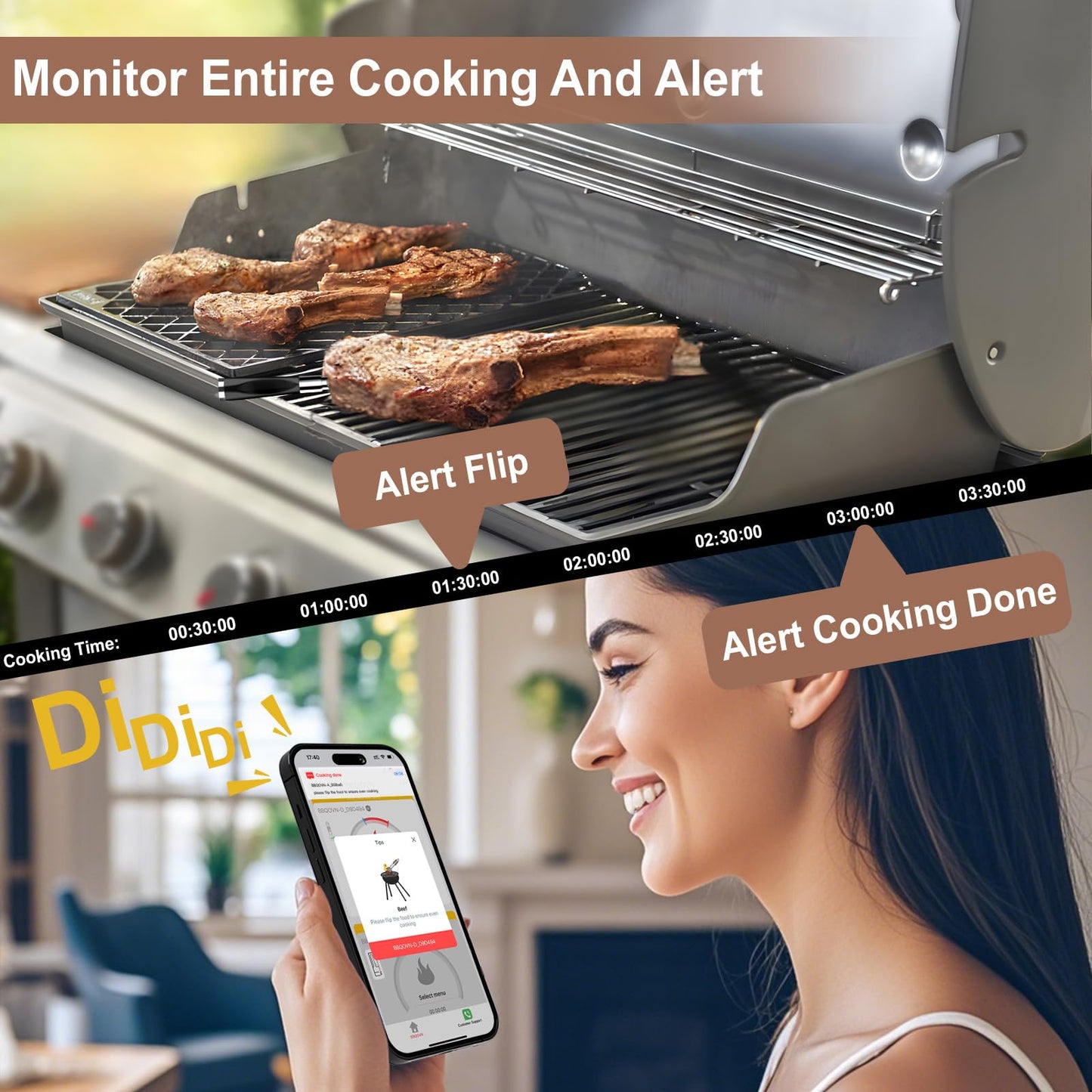 Btclink WIFI Wireless Meat Thermometer Unlimited Range 7 NIST Certified Accuracy Sensors Sub-1G(10X Stronger than Bluetooth)APP&Magnetic Smart Digital Base for BBQ,Oven,Smoker,Grill (2, black, small)