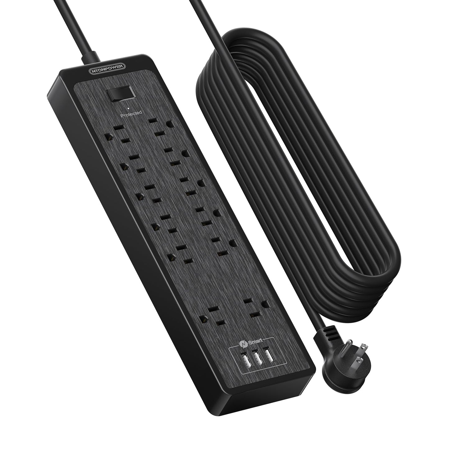 Flat Plug Extension Cord 25 Ft, NTONPOWER Surge Protector Power Strip with 12 Outlets(2 Widely Space) 3 USB, Overload Protection Switch, 2100 Joules, Wall Mount for Home Office and Workbench, Black
