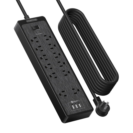 Flat Plug Extension Cord 25 Ft, NTONPOWER Surge Protector Power Strip with 12 Outlets(2 Widely Space) 3 USB, Overload Protection Switch, 2100 Joules, Wall Mount for Home Office and Workbench, Black