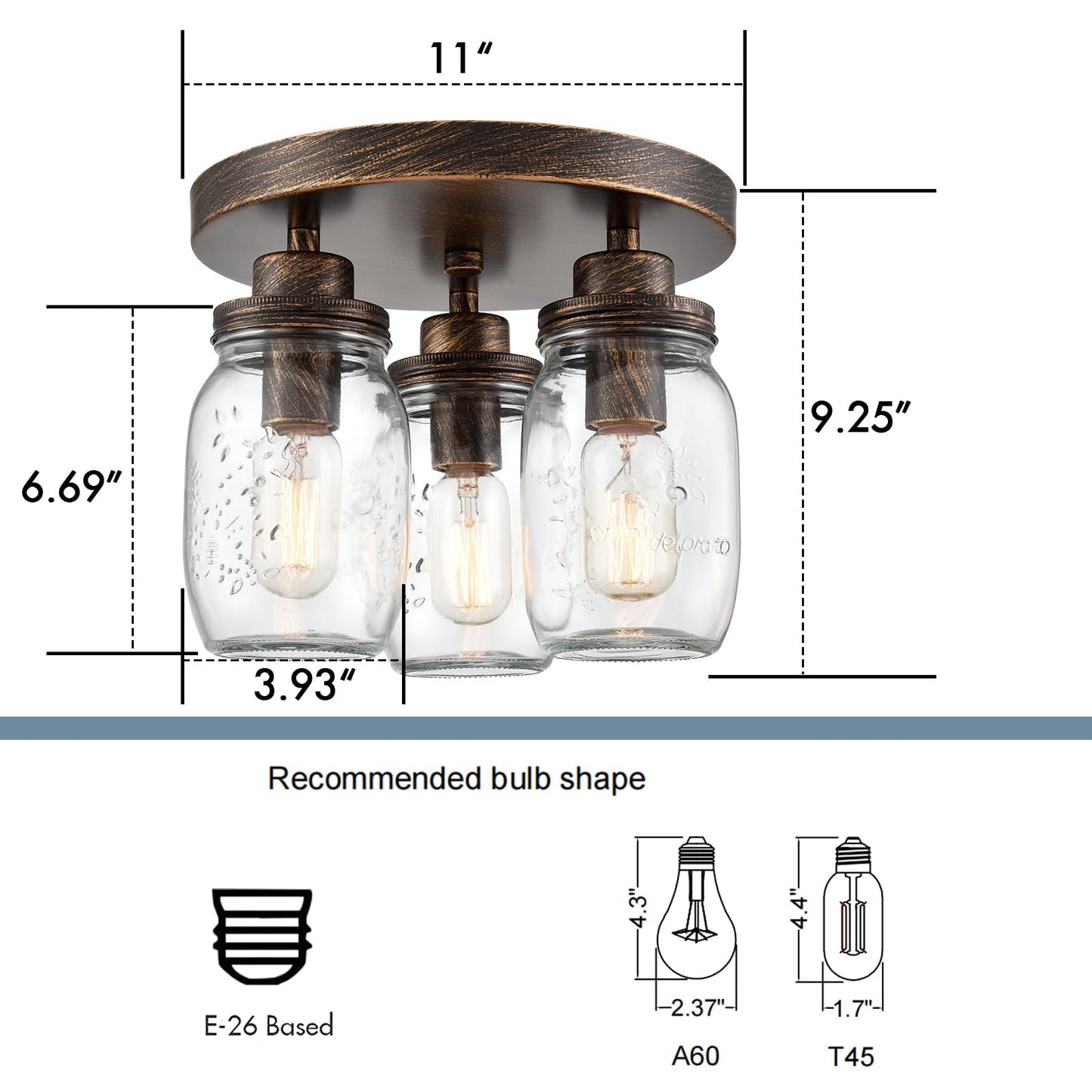 CLAXY Mason Jar Ceiling Light 3-Light Farmhouse Flush Mount Ceiling Light Fixture for Kitchen Bedroom Dining Room Black with Brushed Brass