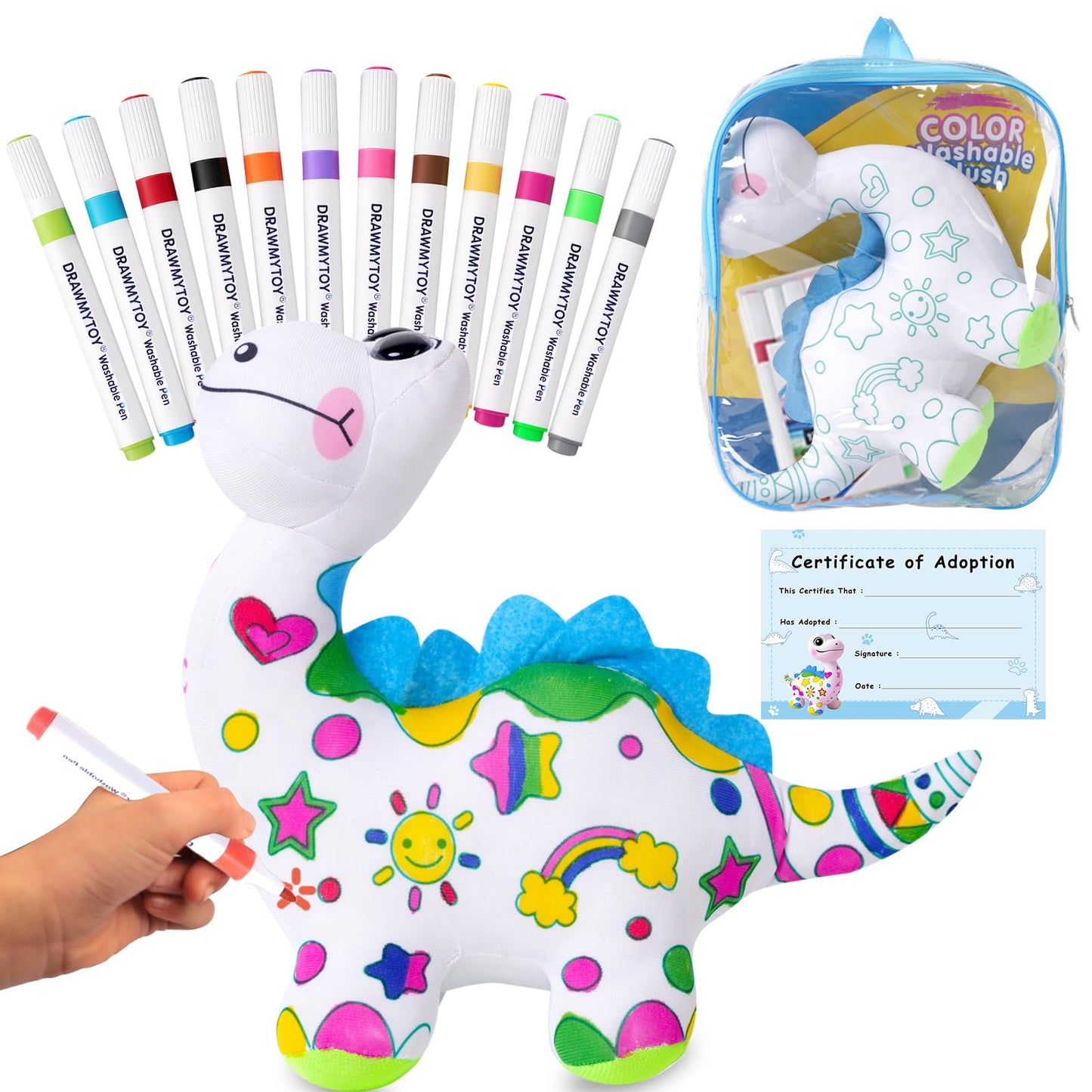 DIY Coloring Plush Toy with Washable Markers, Scribble Pets Stuffed Animal, Doodle Dolls Art Toy for Boys and Girls Ages 3-8, Birthday Gift (Dinosaur)