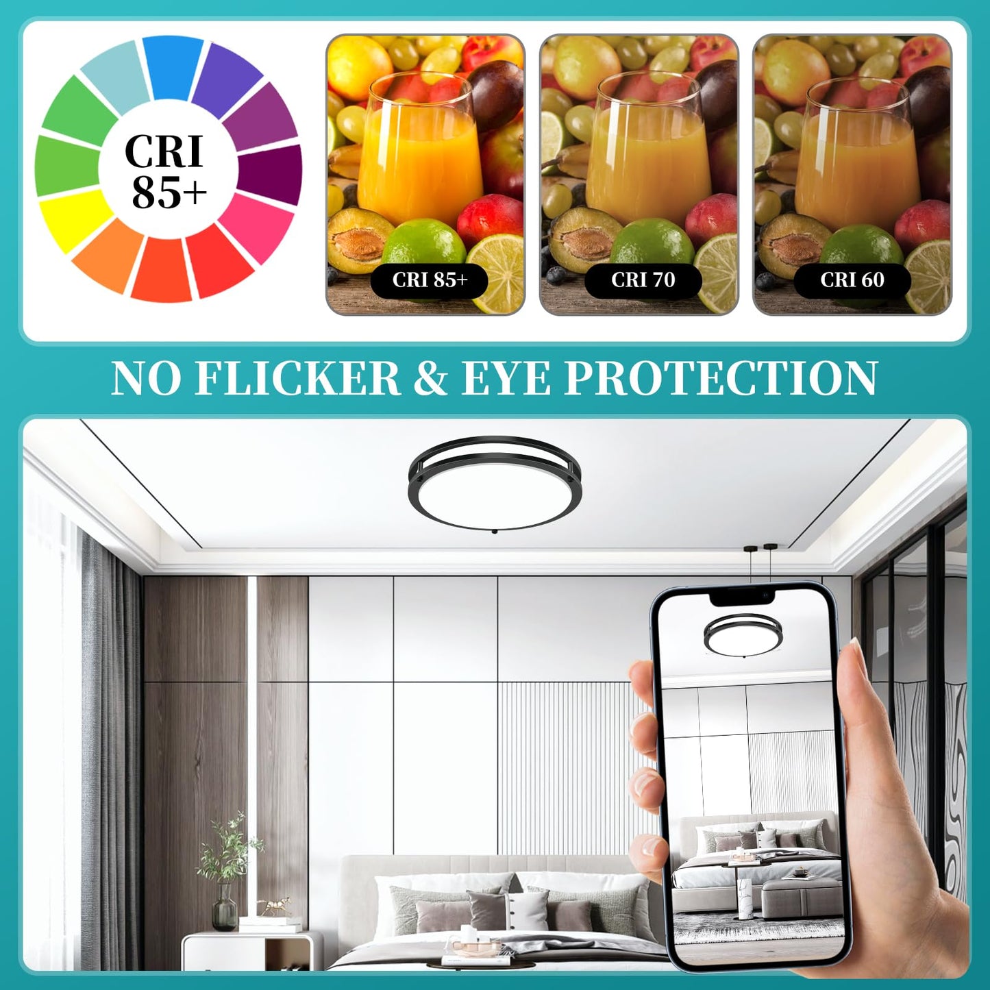 16Inch LED Ceiling Light Fixtures, Flush Mount Light Fixtures 50W, 5CCT Adjustable 2700K 3000K 4000K 5000K 6500K, Close to Ceiling Light for Kitchen Hallway Bathroom Kitchen Bedroom Black 2 Packs