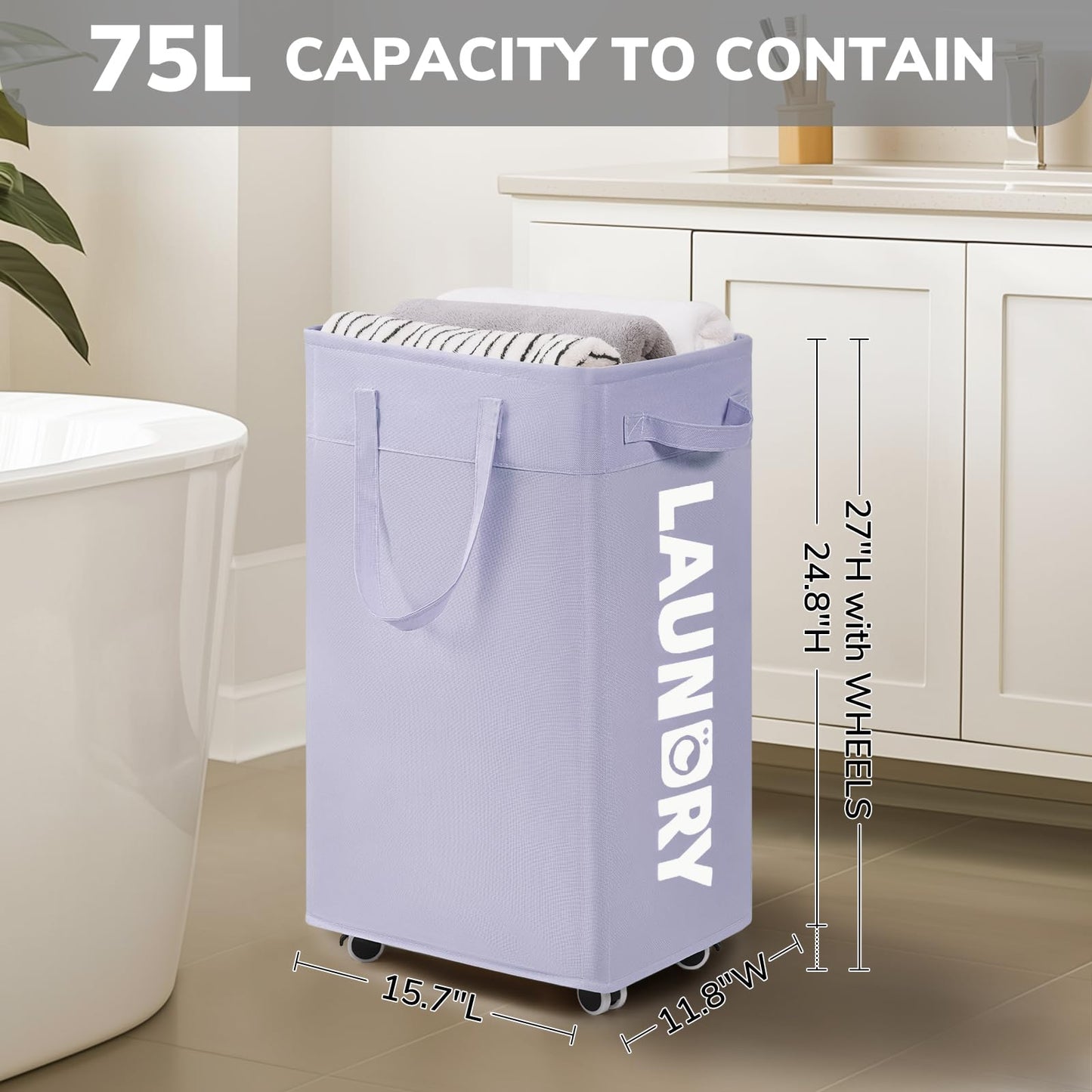 Goodpick Laundry Basket with Wheels,75L Collapsible Laundry Baskets with Removable Wash Bag, Clothes Laundry Hamper on Wheels, Light Purple