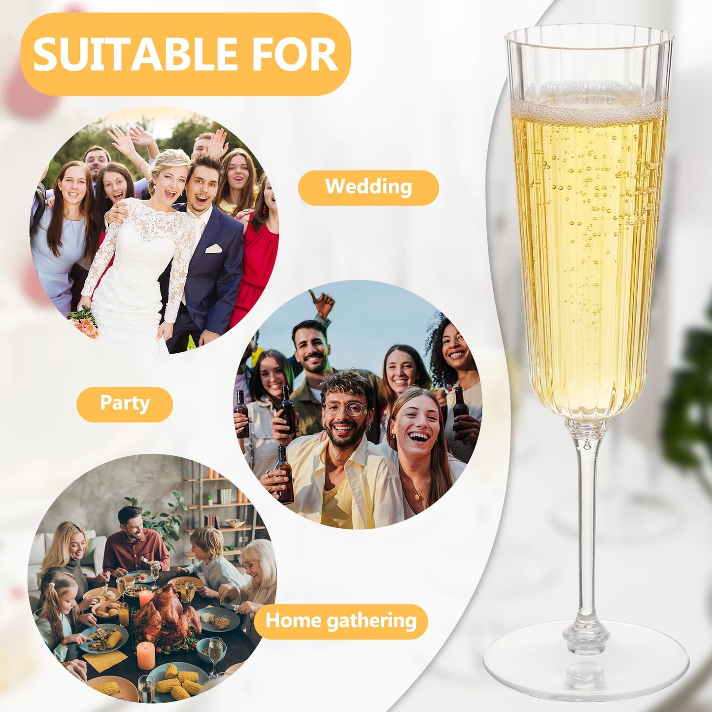 Jingmore 48 Pcs Plastic Ribbed Champagne Flutes With Stem, 6.4 oz Clear Vintage Disposable Champagne Glasses for Wedding Birthday Anniversary (Clear)