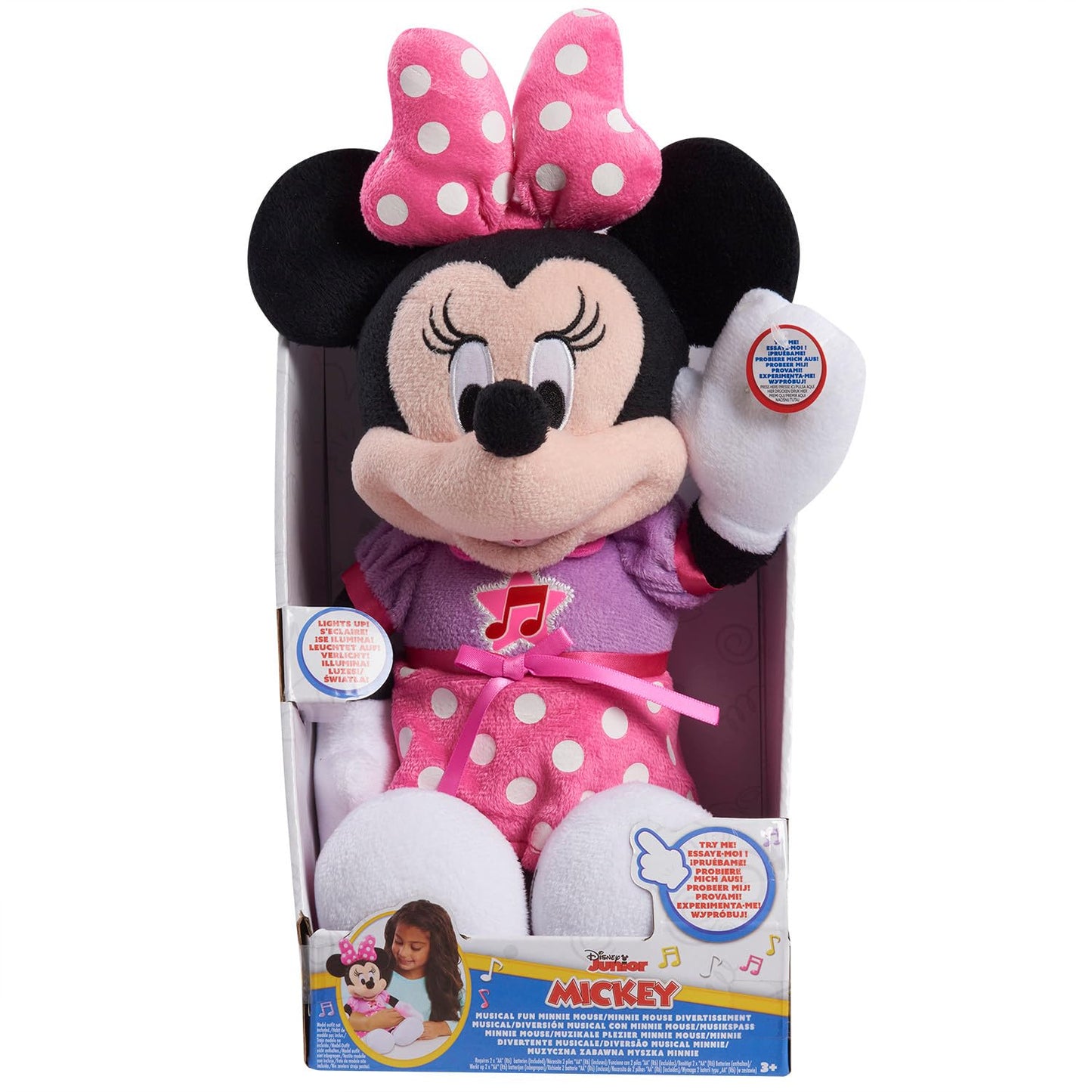 Disney Junior Mickey Mouse Funhouse Singing Fun Minnie Mouse 13 Inch Lights and Sounds Feature Feature Plush, Sings Bowtoons Theme Song, Officially Licensed Kids Toys for Ages 3 Up, Gifts and Presents