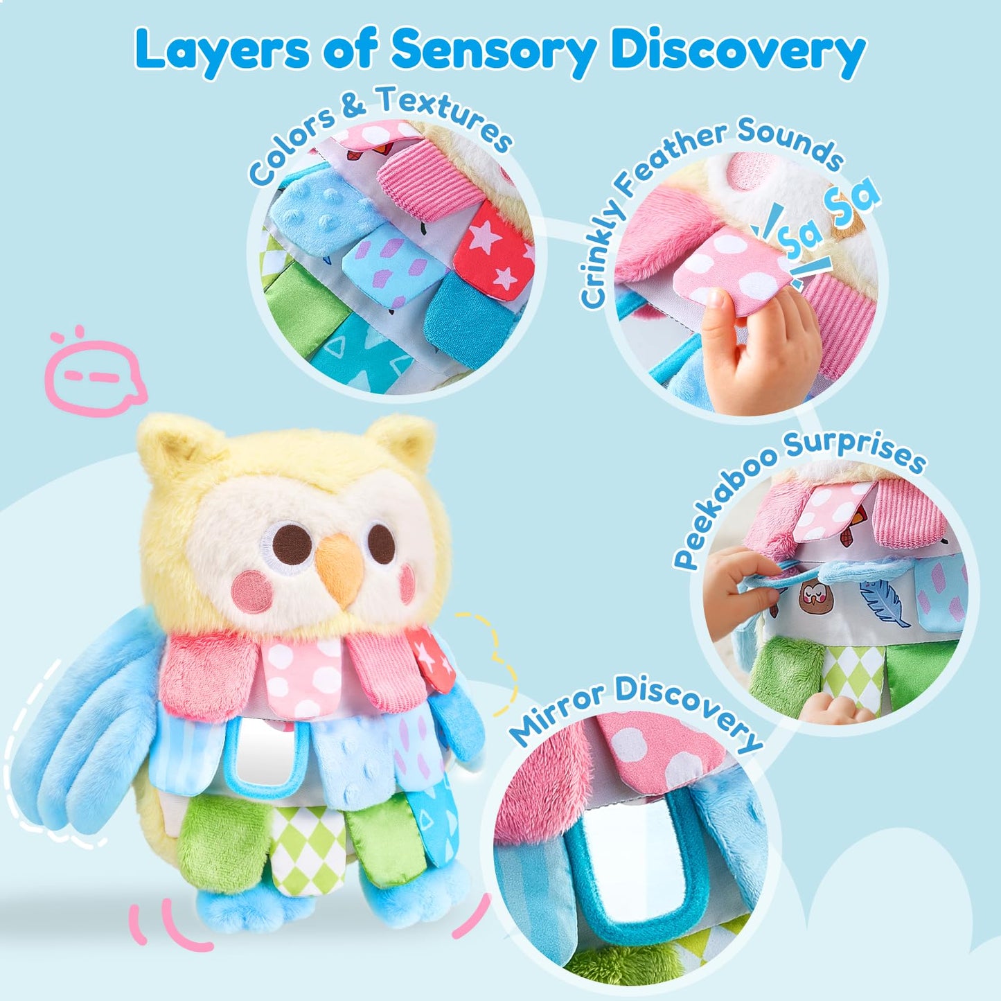 JoyCat Flip Owl Stuffed Animal, Soft Baby Sensory Toy with Multi-Textured Crinkle, Squeaker & Baby Mirror, Infant Tummy Time Toy for 0-9 Months, Newborn Baby Boy Girl Gift
