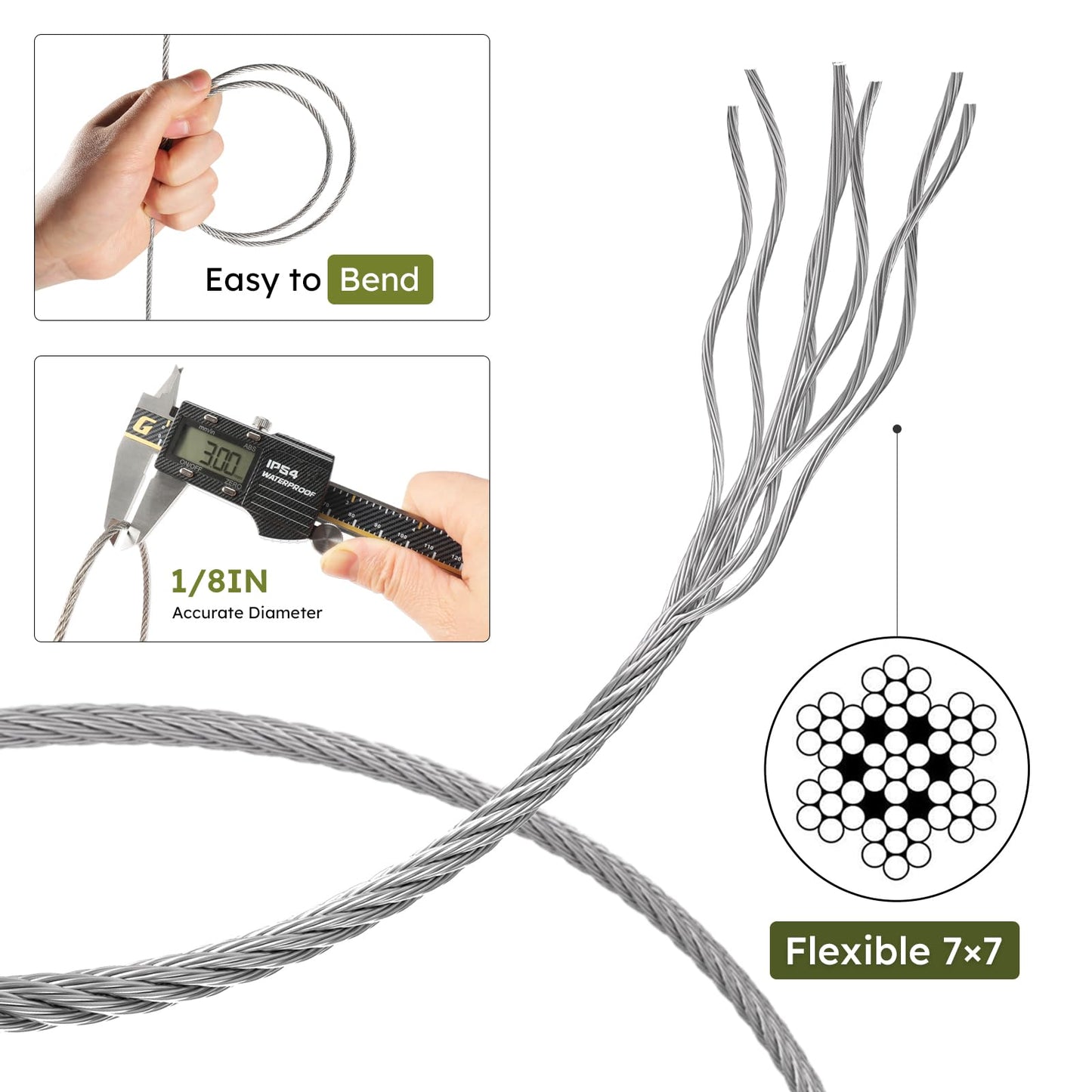 KALLSDY 1/8 Inch Stainless Steel Cable Kit 200FT, 7 x 7 Strands Wire Rope with Aluminium Sleeves & Thimbles for Deck Railing, String Light Hanging, Shade Sail, Garden and DIY Projects