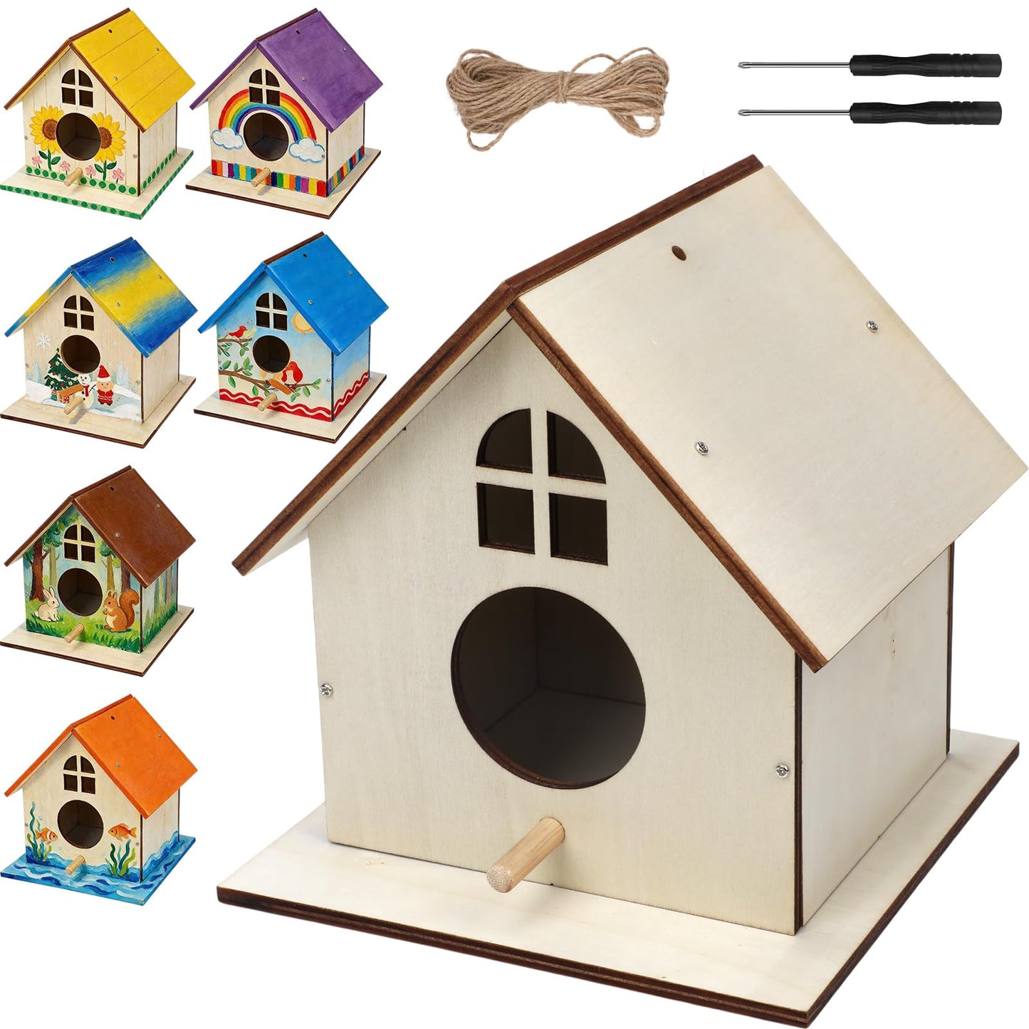 Entallor 6 Pack Wooden DIY Birdhouse Kit, Thickened Wood Bird Home for Kids Adults All-in-One Bird Crafts with Screwdrivers, Nails,Hemp Ropes for Backyard Indoor Outdoor
