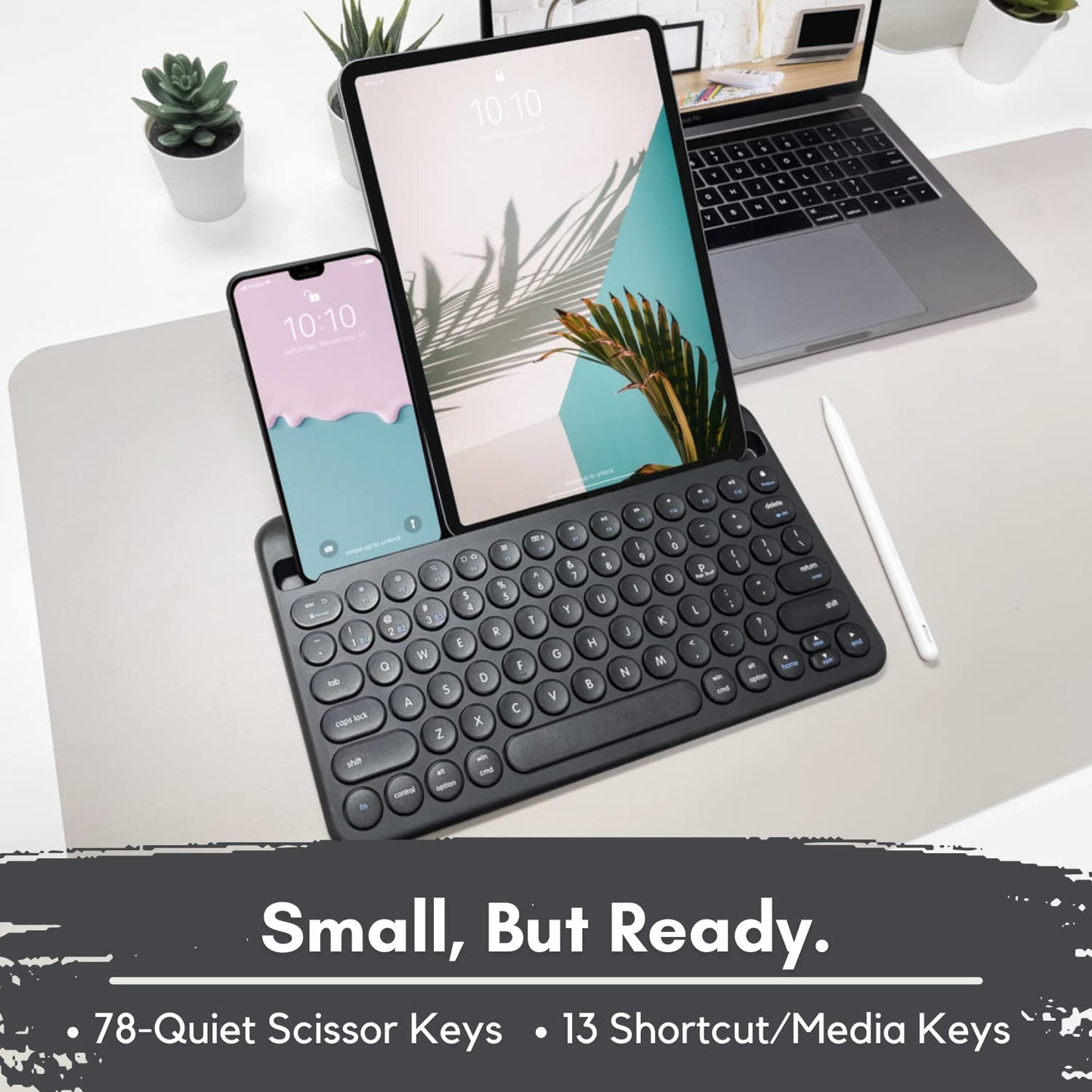 Macally Small Bluetooth Keyboard for iPhone iPad and Tablet - Multi Device Compatibility - Bluetooth Tablet Keyboard (Built-in Stand/Slot) - 78 Key iPad Wireless Keyboard or Keyboard for Android Phone