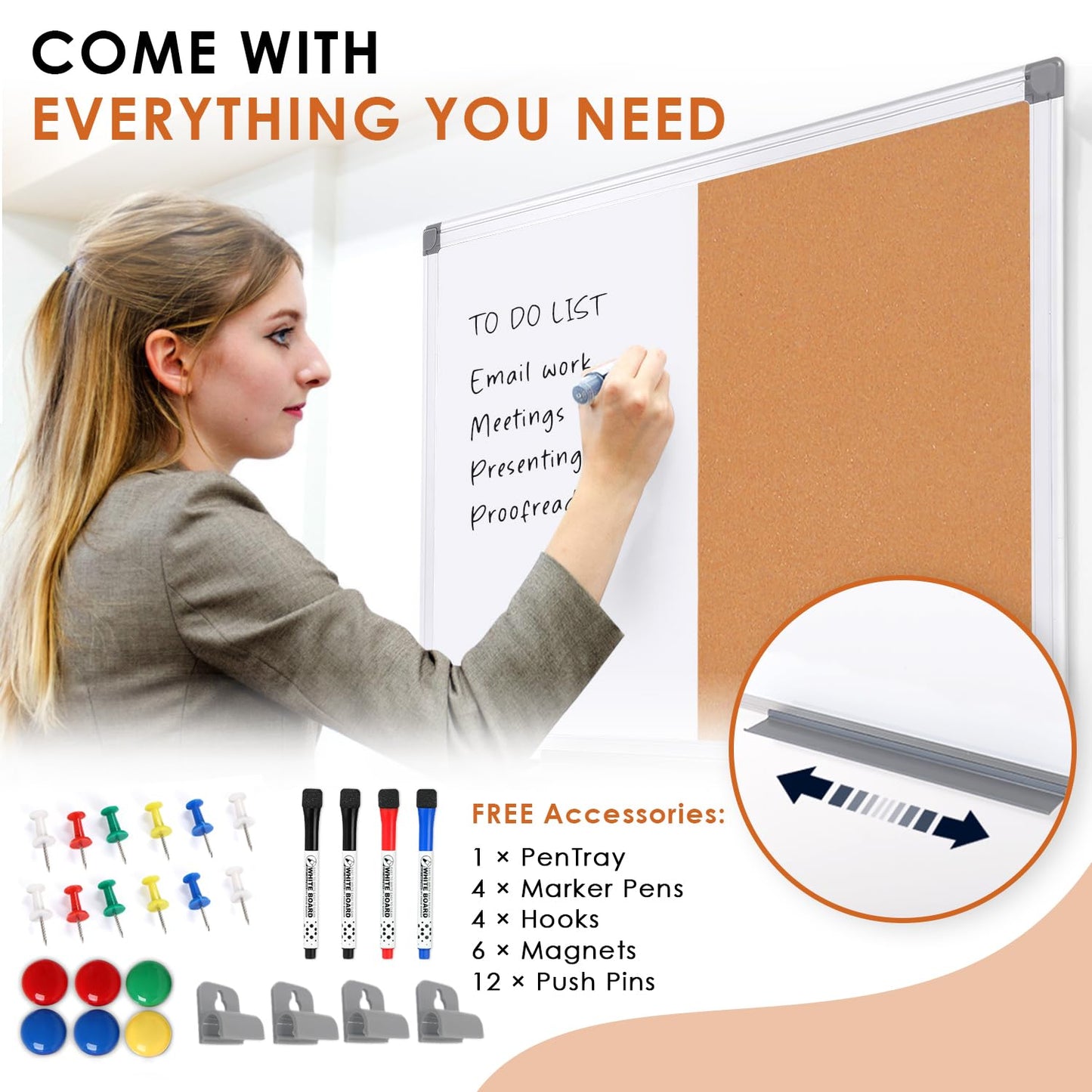 S SWANCROWN Half Corkboard and Magnetic Whiteboard Combo Dry Erase Bulletin Board for Retail School,Office,Family,Aluminium Frame,36x24 Inches