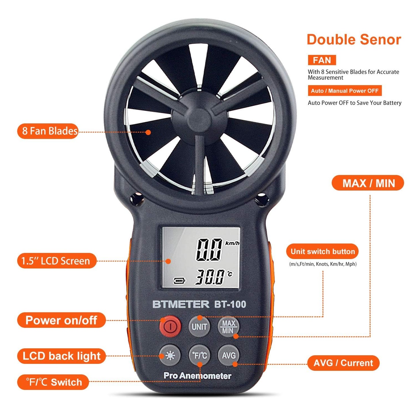 BTMETER BT-100 Handheld Anemometer, Digital Wind Speed CFM Meter Gauge Air Flow Velocity Tester for HVAC Shooting Drone, Wind Chill, 14℉-113℉ Wind Temperature