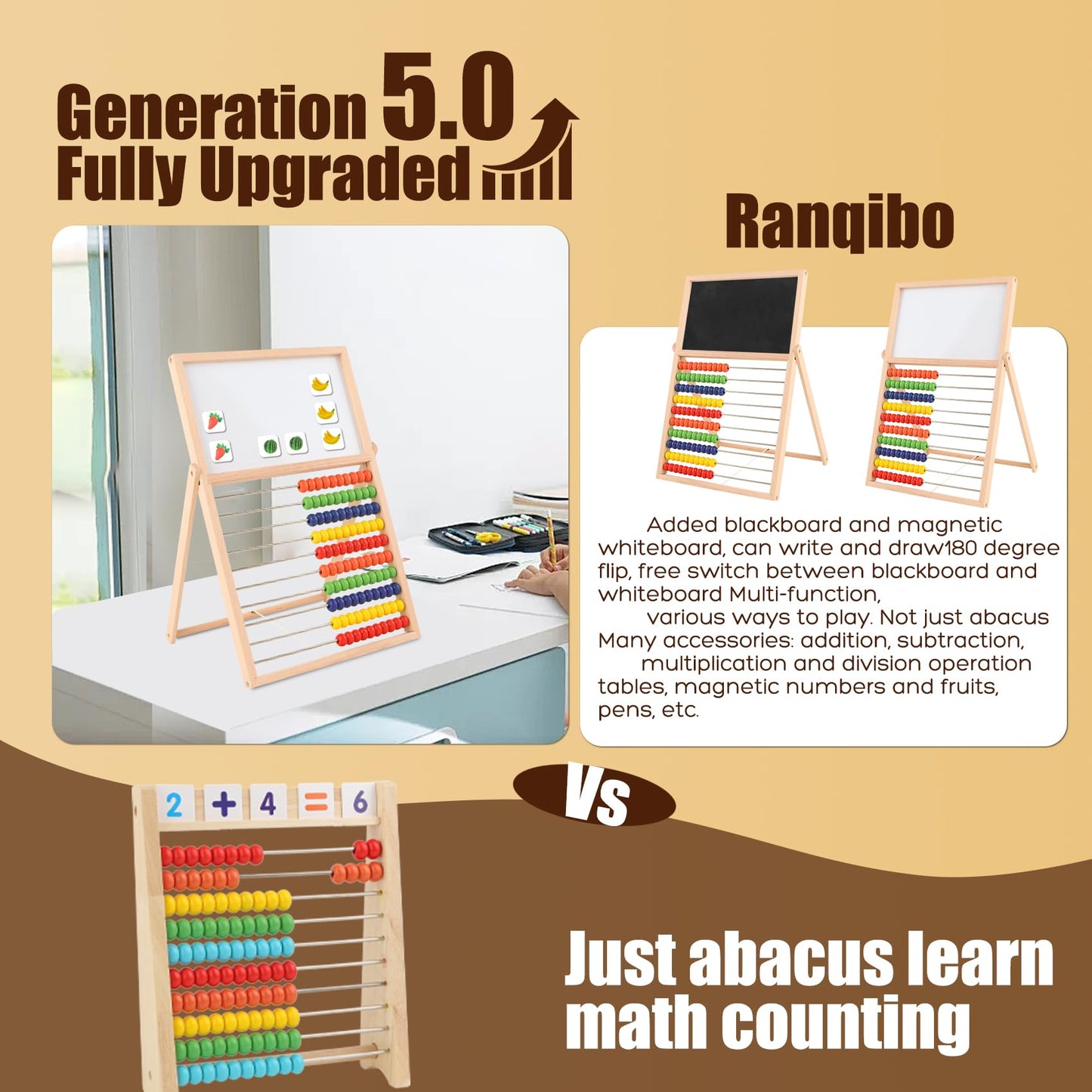 Wooden Abacus for Kids Math - Double-Sided Blackboard Whiteboard Magnetic Abacus for Toddlers with 100 Magnetic Number & Fruit Stickers - Educational Counting Games Kids Gift