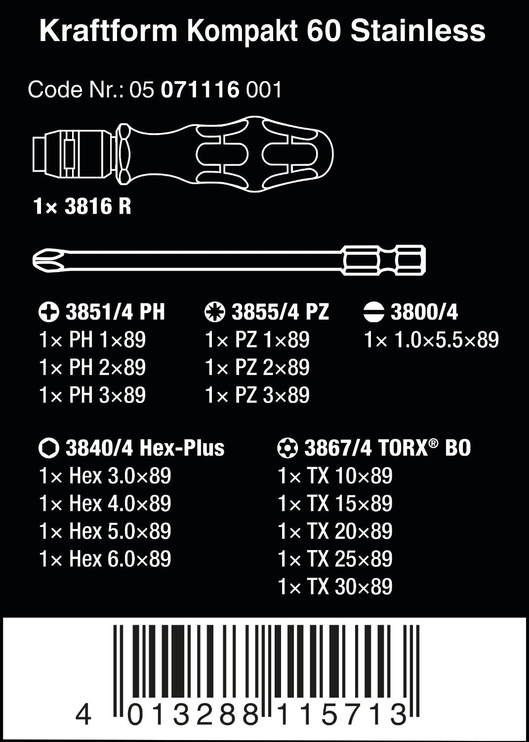 KRAFTFORM 60 Stainless BITS Assortment