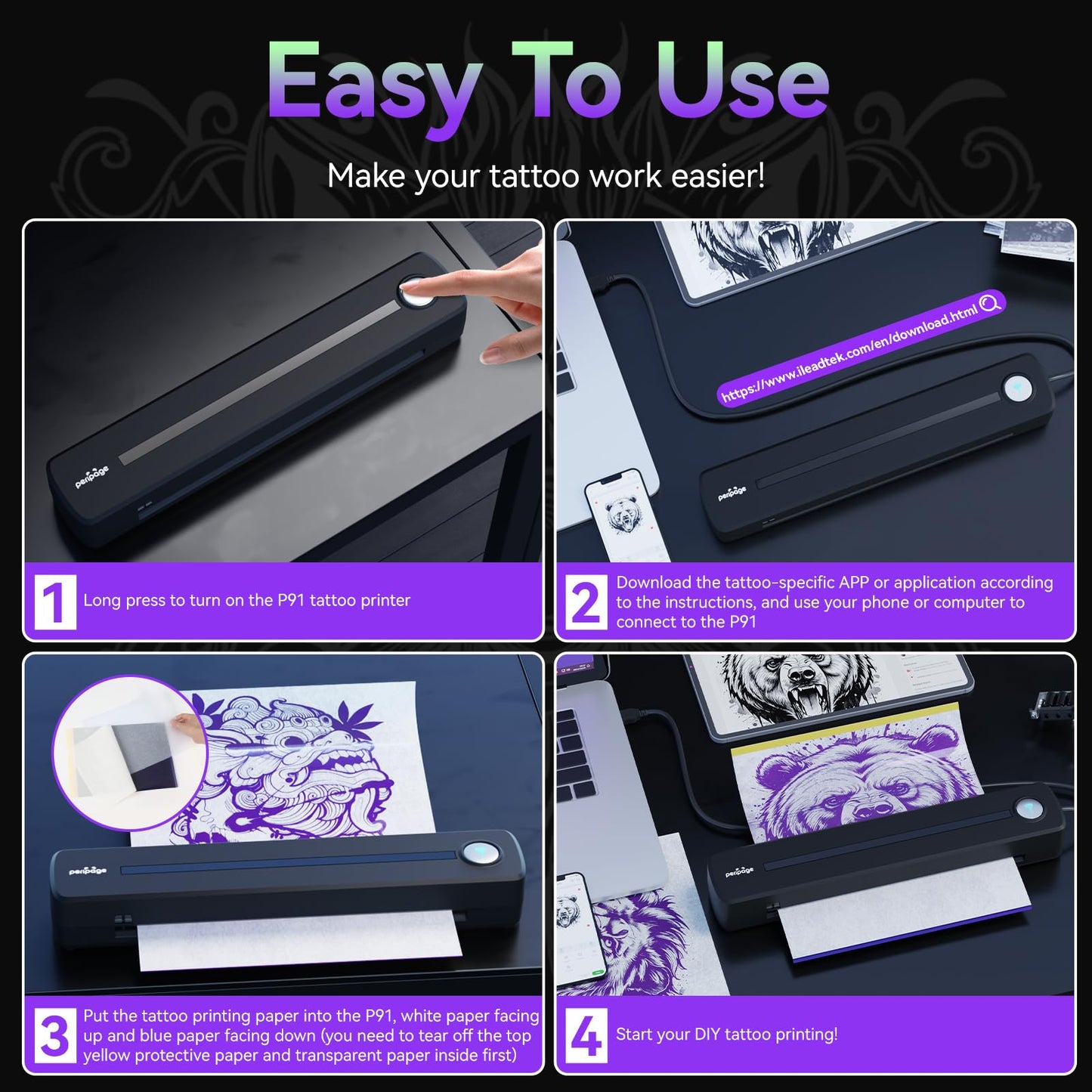 PeriPage P91 Tattoo Printer with Tattoo Stencil Paper,Wireless Thermal Tattoo Printers Compatible with Phone,Pad & PC