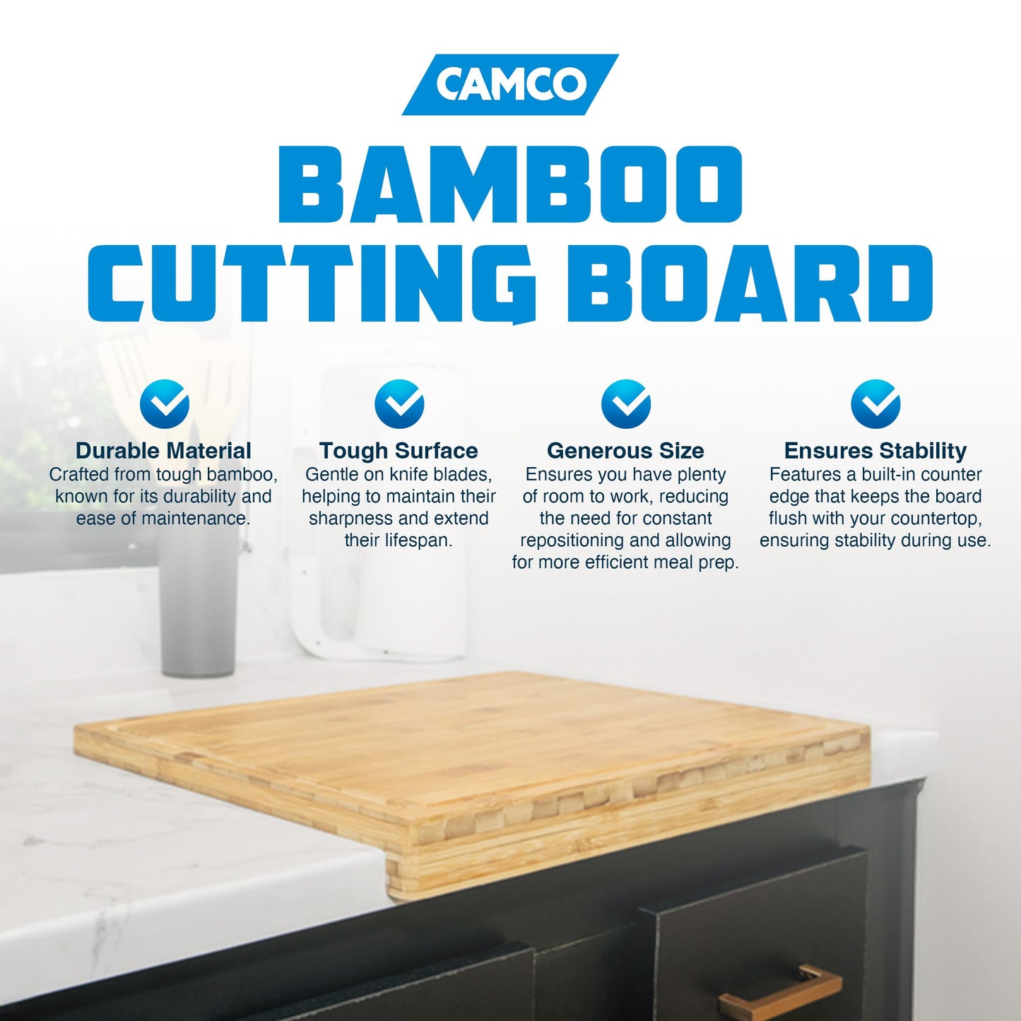 Camco Bamboo Cutting Board with Counter Edge | Perfect for Vegetables, Fruits, Meats, and Cheeses | Measures 18-inches x 14-inches x 1-3/4-inches (43545), Brown