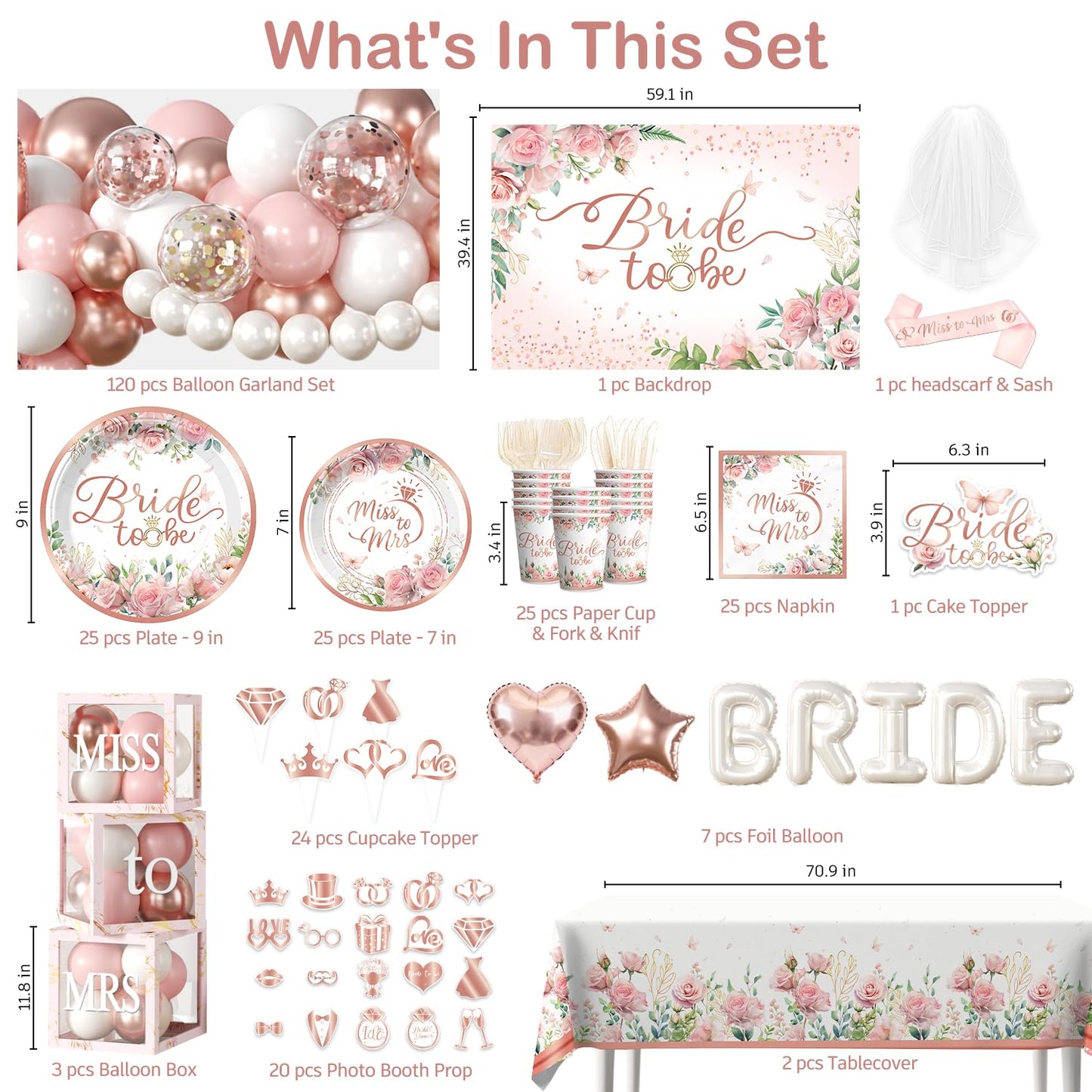 Cocomigo 330pcs Bride to Be Decorations, One-stop Set for 25 People, Includes 350gsm Plates Photo Props Cupcake Toppers Veil and Sash, Pink Bridal Shower Decorations for Female