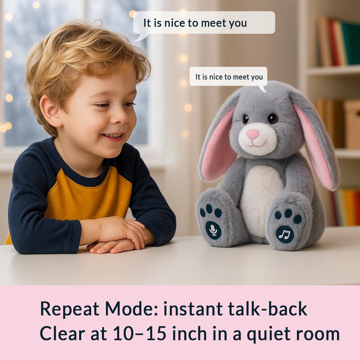 YH YUHUNG Easter Bunny Interactive Talking Plush Toy, Voice Repeat & Record, 10 Songs with Flapping Ears, Volume Control, Animated Stuffed Rabbit Easter Basket Stuffers for Toddlers Kids, Soft Gray