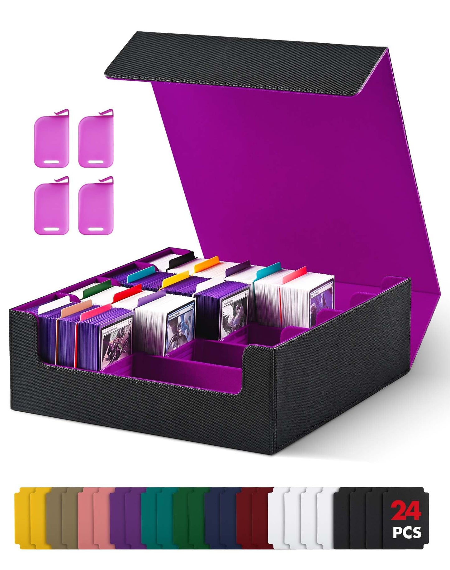 UAONO Card Storage Box for Trading Cards, 2400+ MTG Commander Deck Box With 24pcs Colorful Divider, Card Case Fits for Magic TCG PTCG Game Cards (Black&Purple)
