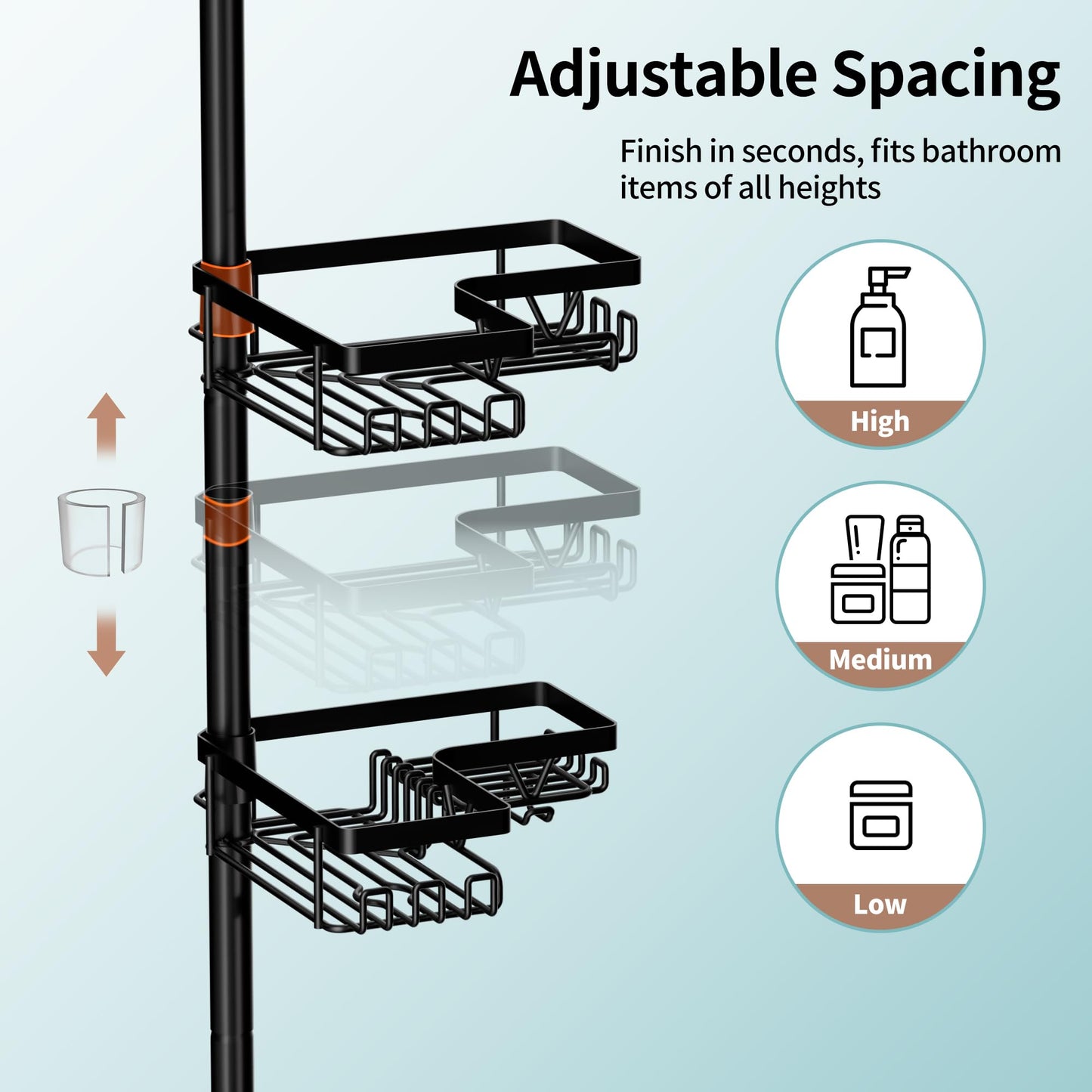 KEGII Shower Caddy Corner Tension Pole with Toothbrush Holder - Adjustable Corner Shower Organizer with Tooth Brush Holder, No Drilling Rustproof Bathroom Shelf Storage Rack, Fits 25-114.2 Inch