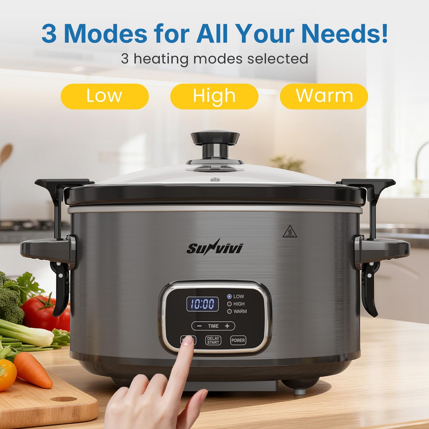 SUNVIVIPRO 4QT Slow Cooker, Programmable Pot with Removable Ceramic Pot, Locking Lid, 3 Heating Settings & Time Control,Dishwasher-safe Lid & Pot, Grey