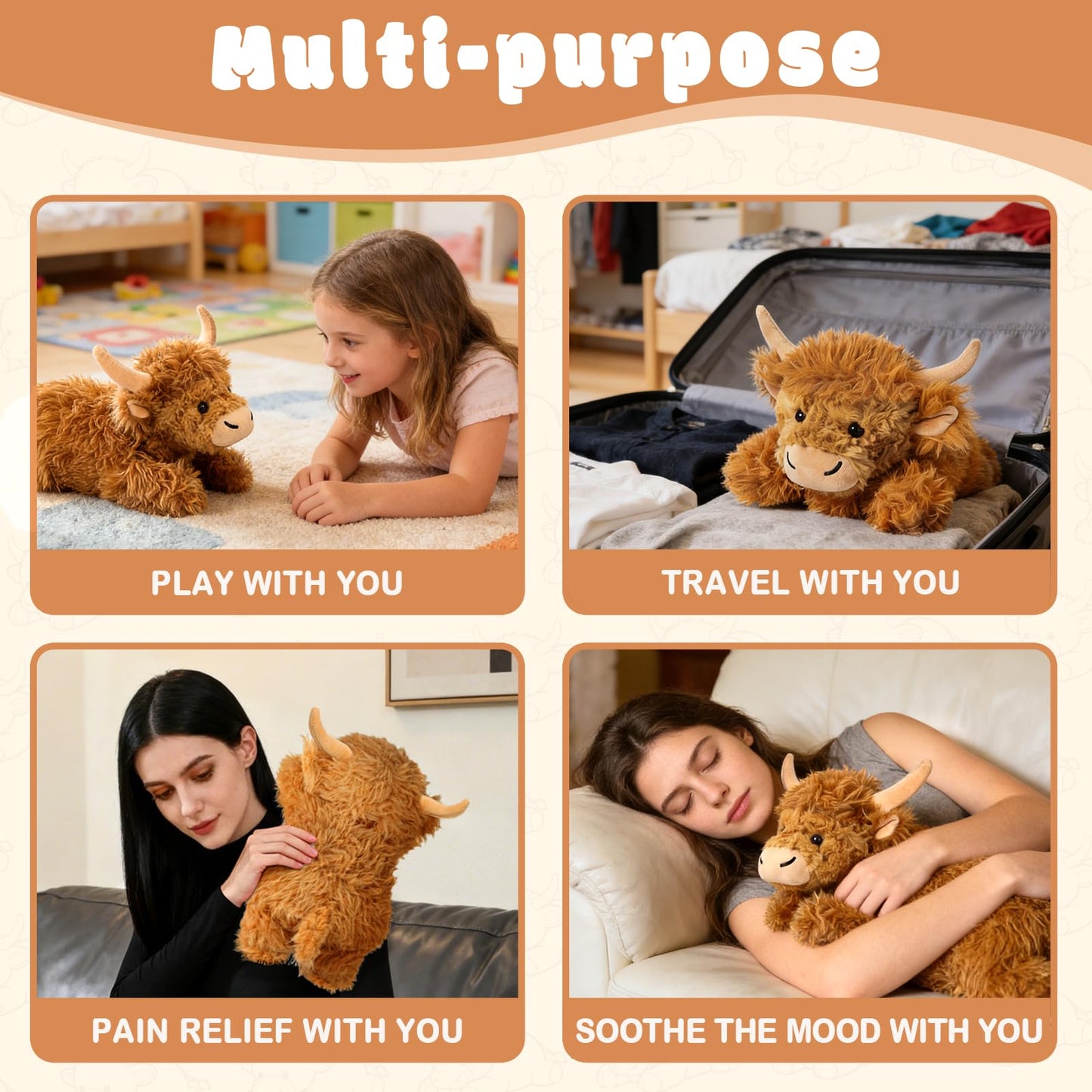 JILPAK Highland Cow Stuffed Animals, Weighted Stuffed Animals with Removable Microwave Heating Pad for Period Cramps