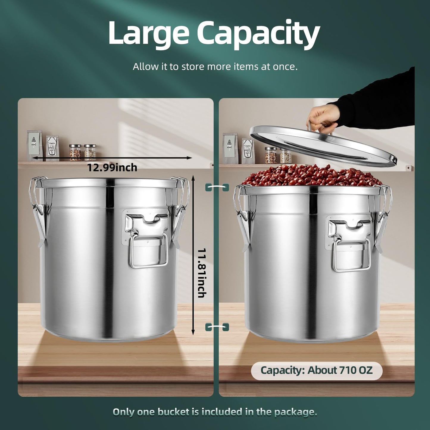 DYNAMI 5.5Gal 304 Stainless Steel Airtight Container with Lid and Locking Clamp,17-38Lbs Metal Bucket Stainless Steel Drum Large Canister for Kitchen,Dog Food/Bird Seed/Coffee Storage Container(21L)