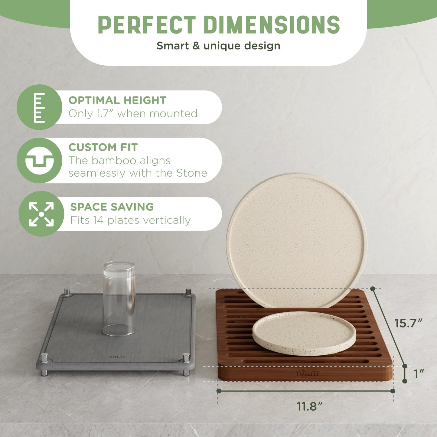 NIUM Stone Drying Mat for Kitchen Counter & Bamboo Rack - 16″x12″ - Diatomaceous Earth Dish drying mat Ultra Absorbent & Fast Drying - EcoFriendly with Non-Slip Pads & Anti-Moisture Design