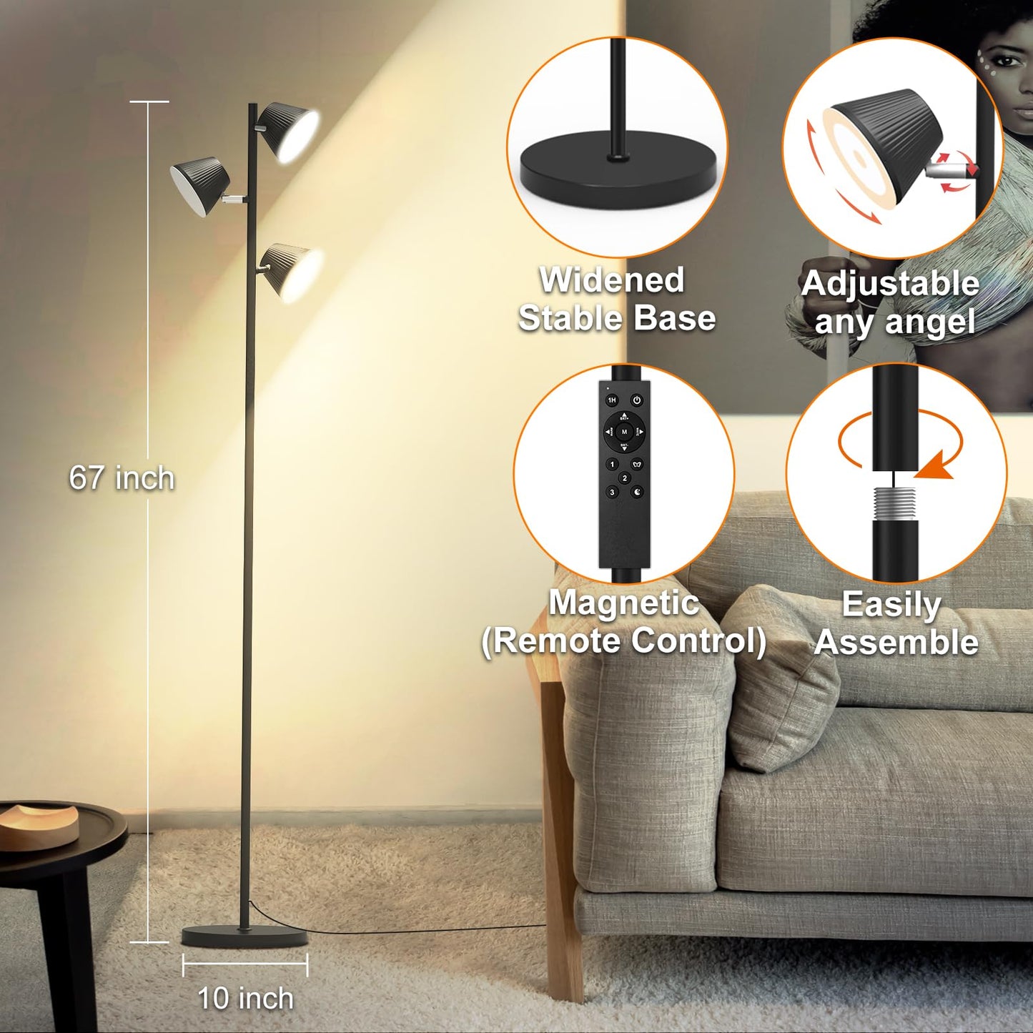Pesken 42W LED Tree Floor Lamp, 4500 Lumens Dimmable Standing Lamp with Remote & Touch Control, Modern Super Bright 3 Rotatable LED Light Floor Lamps for Living Room, Bedroom, Office