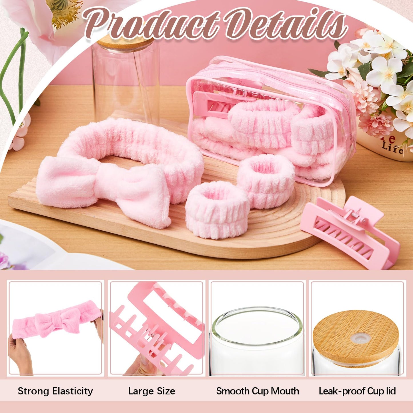 FoldTier 36 Pcs Spa Sleepover Party Favors Include 16oz Glass Cups With Bamboo Lids and Straws, Pink Headbands, Wristbands, Hair Claw Clips and Clear Cosmetic Bag for Girls Slumber Weekend Party Gifts
