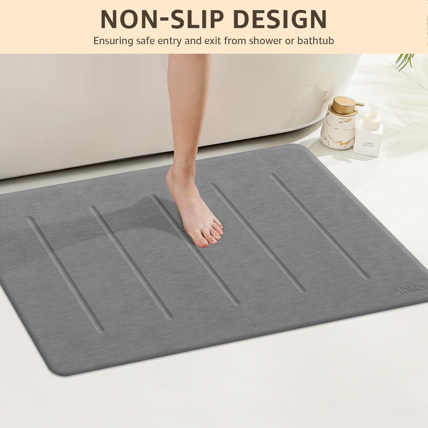 Yolife Stone Bath Mat Large, 32" x 20" Diatomaceous Earth Bath Mat for Bathroom, Super Absorbent Quick Drying Bathroom Stone Mat, Non-Slip Diatomite Shower Mat, Easy to Clean, Dark Grey
