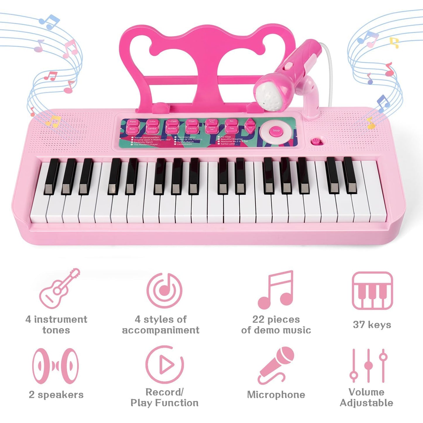 Tucraew Kids Piano, 37 Keys Toddler Piano Keyboard Toy Electronic Musical Instrument Educational Toy with Microphone, 2 Speakers, Record Playback, Christmas Birthday Gift for 3+ Years Old