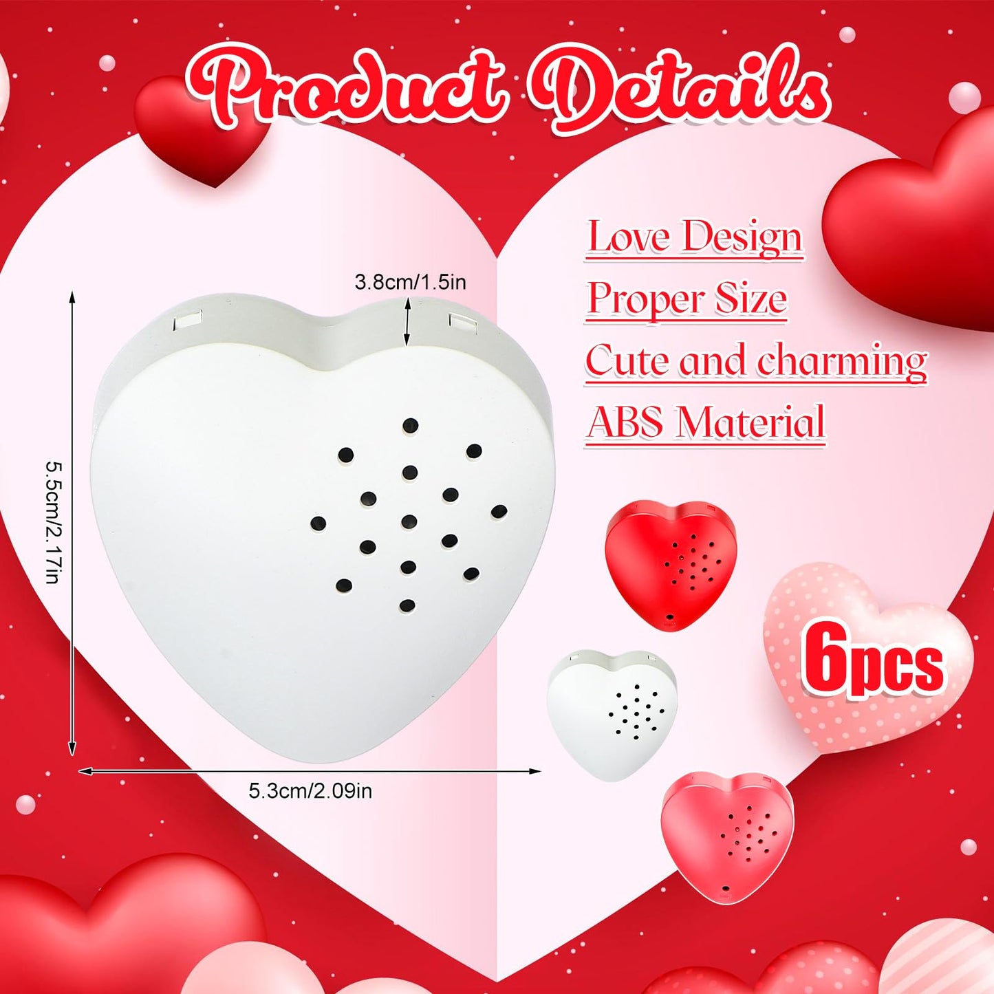 Copkim 6 Pcs 20 Seconds Valentine's Voice Recorder for Stuffed Animal Heart Shape Sound Recorder Push Button Recordable Device Sound Module for Gift Recording Voice Message (Red, White, Pink)