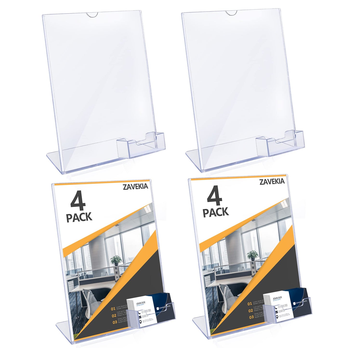 zavekia 8.5 x 11 Acrylic Sign Holder with Business Card Holder, Brochure Display Stand for desktop (8.5 x11 in/4 pack)