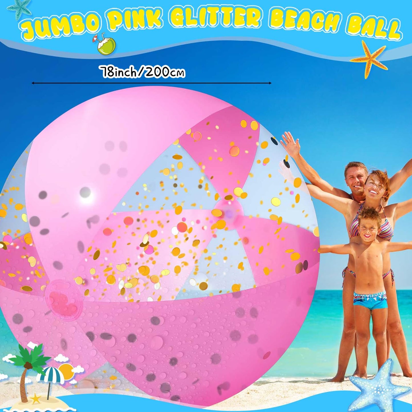 Sosation Giant Pink Inflatable Beach Ball Large Glitter Beach Ball UV Resistant Jumbo Swimming Pool Balls Clear Confetti with a Repair Tape Floatable Balls for Swimming Pool Party Decor