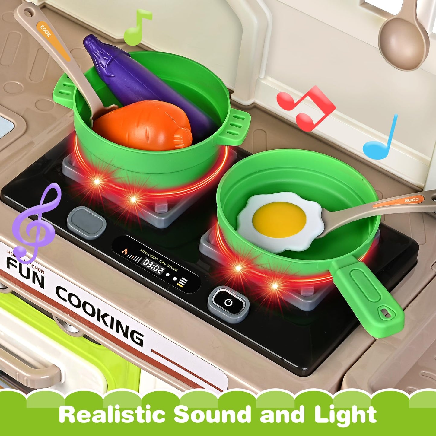 Play Kitchen Set, Kids Kitchen Playset with Realistic Sound & Light, Cooking Stove, Sink, Play Food and Accessories, 57 Pcs Kitchen Toys Gifts for Toddlers 2-4 3-5 Boys Girls (Green)