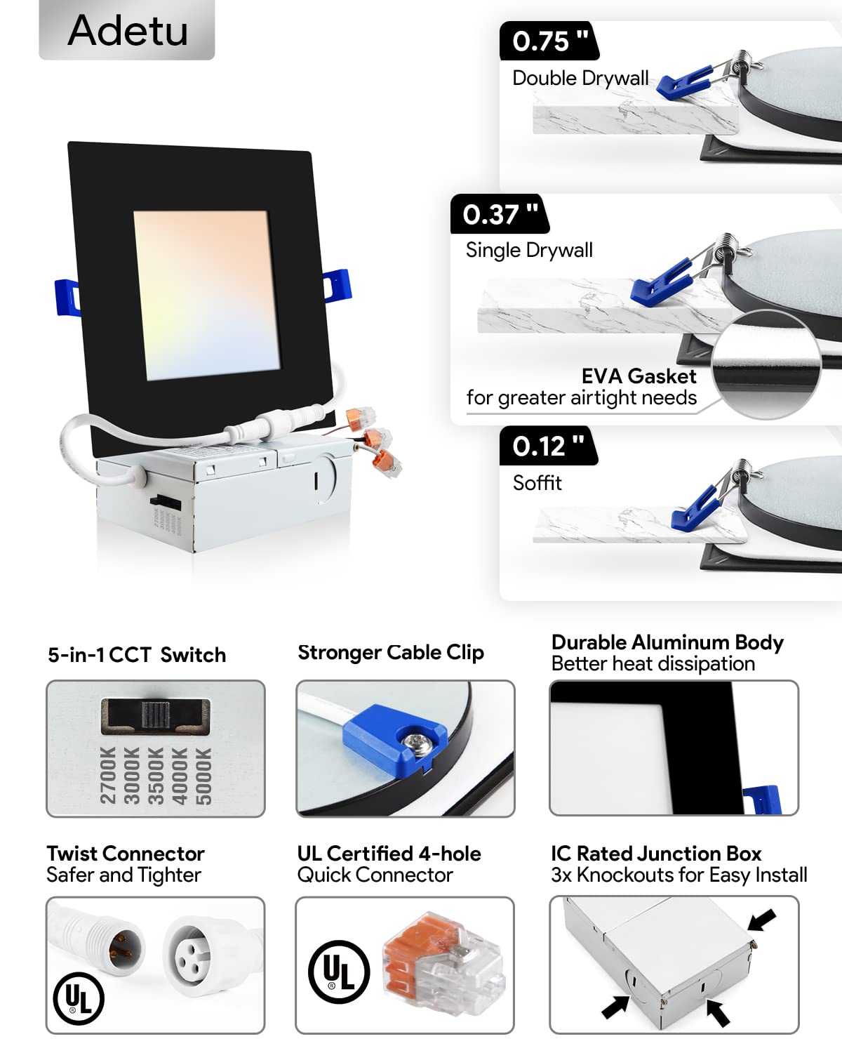 Adetu 6 Pack 6 inch Square Led Recessed Lighting Black,5CCT Ultra Thin Square Led Ceiling Light with Junction Box, 2700K/3000K/3500K/4000K/5000K Selectable,Dimmable,ETL and Energy Star Certified