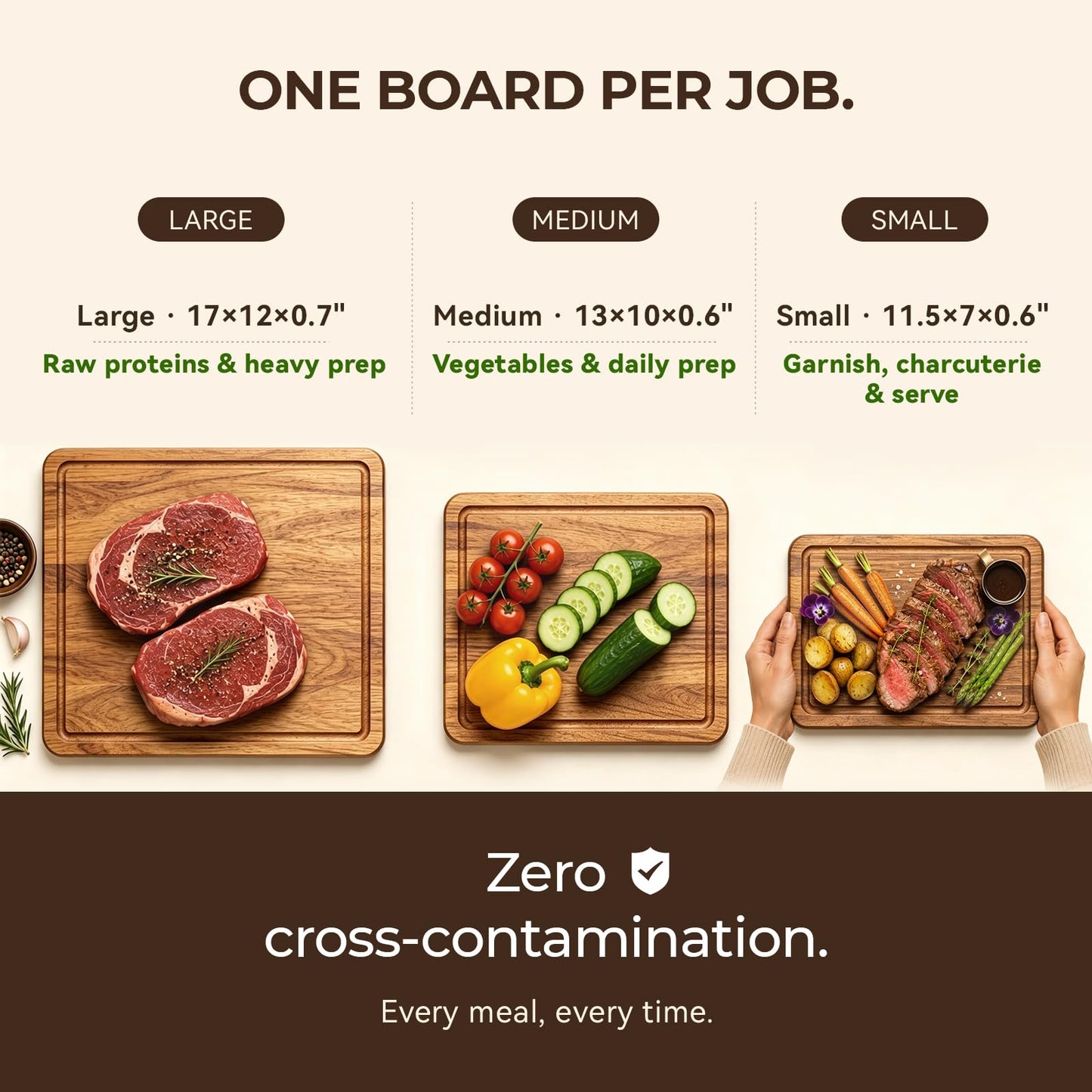 Acacia Wood Cutting Board Set of 3 for Kitchen — Non-Toxic, Kiln-Dried & Pre-Oiled 3x | Warp-Resistant Solid Acacia with Juice Groove, Handles & Anti-Slip Feets | Large Medium Small