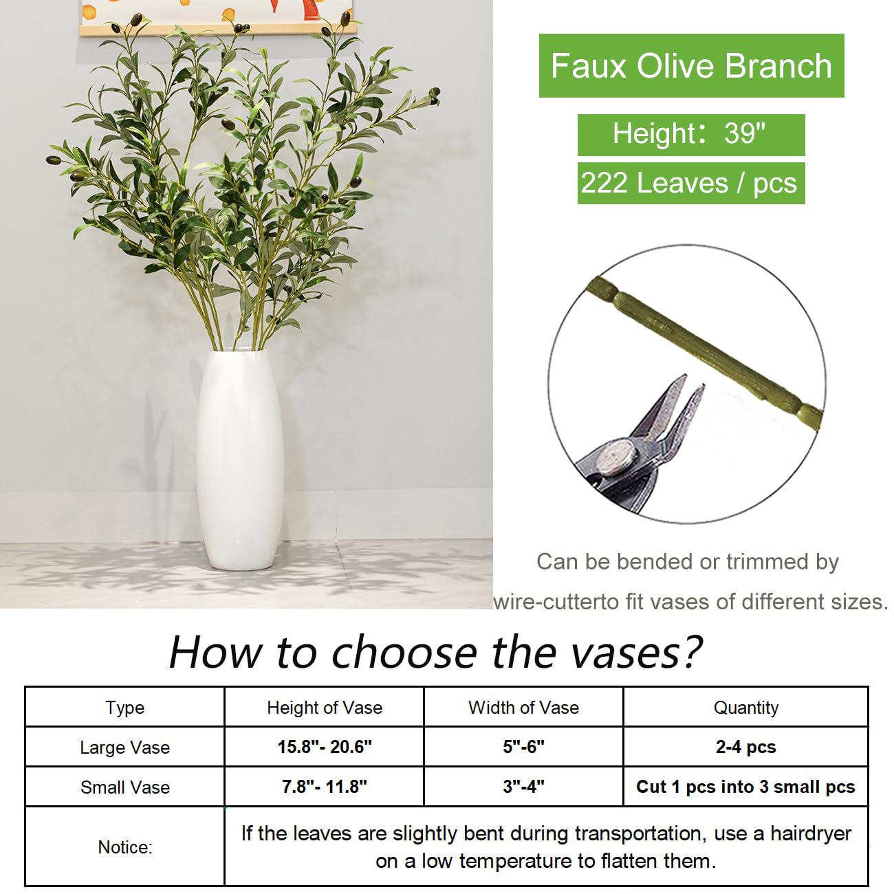 Heleze 39 Inch Artificial Olive Branches for Vases, Fake Plants Greenery Stems with 222 Leaves Faux Olive Tree Branches Home Decor Indoor 4PCS